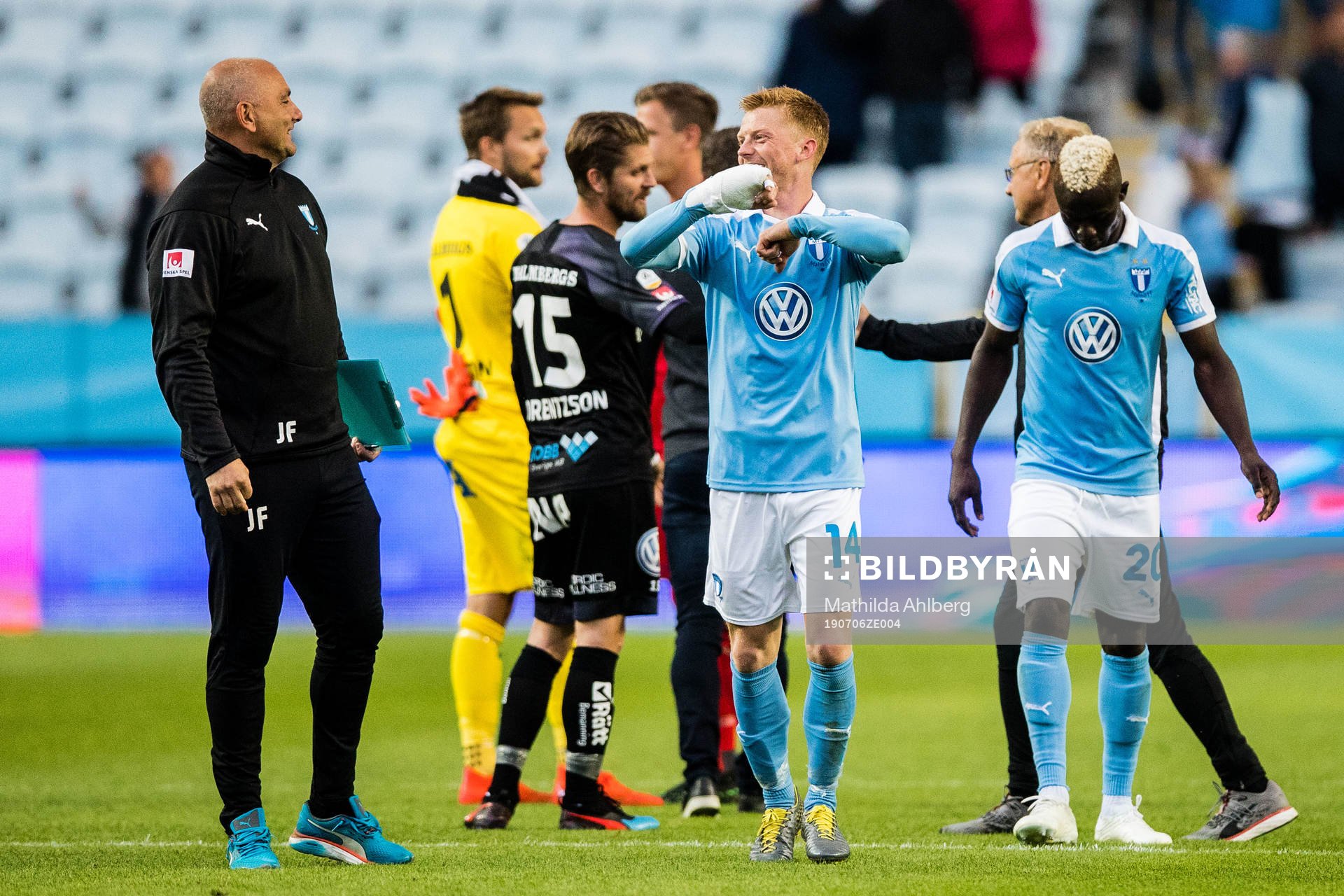  Malmö FFs Anders Christiansen (m) jublar efter fotbollsmatchen i Allsvenskan mellan Malmö och Örebro den 6 juli 2019 i Malmö. 