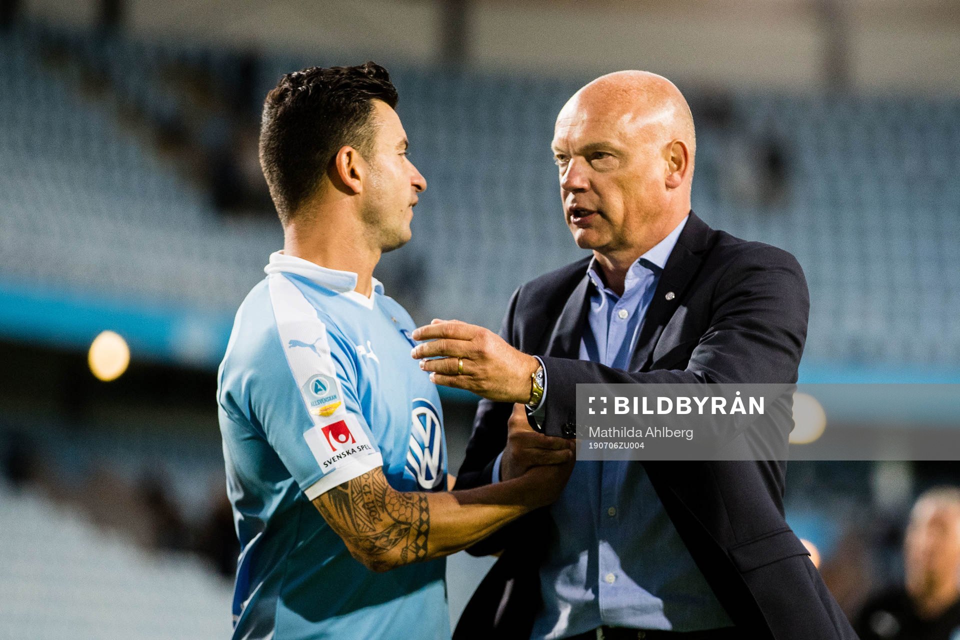  Malmö FFs Behrang Safari och tränare Uwe Rösler efter fotbollsmatchen i Allsvenskan mellan Malmö och Örebro den 6 juli 2019 i Malmö. 