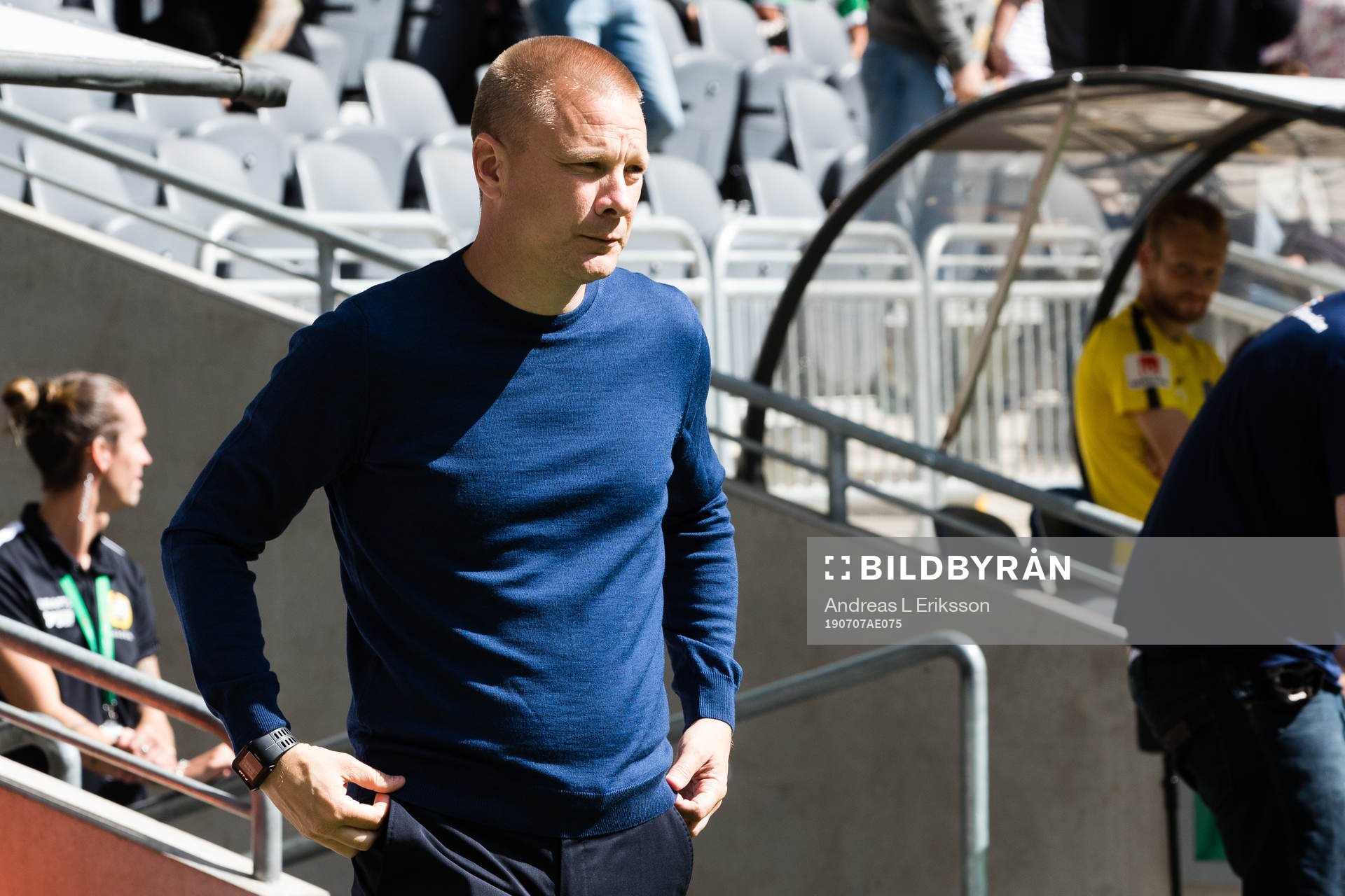 Hammarbys tränare Stefan Billborn innan fotbollsmatchen i Allsvenskan mellan Hammarby och Falkenberg den 7 juli 2019 i Stockholm. 