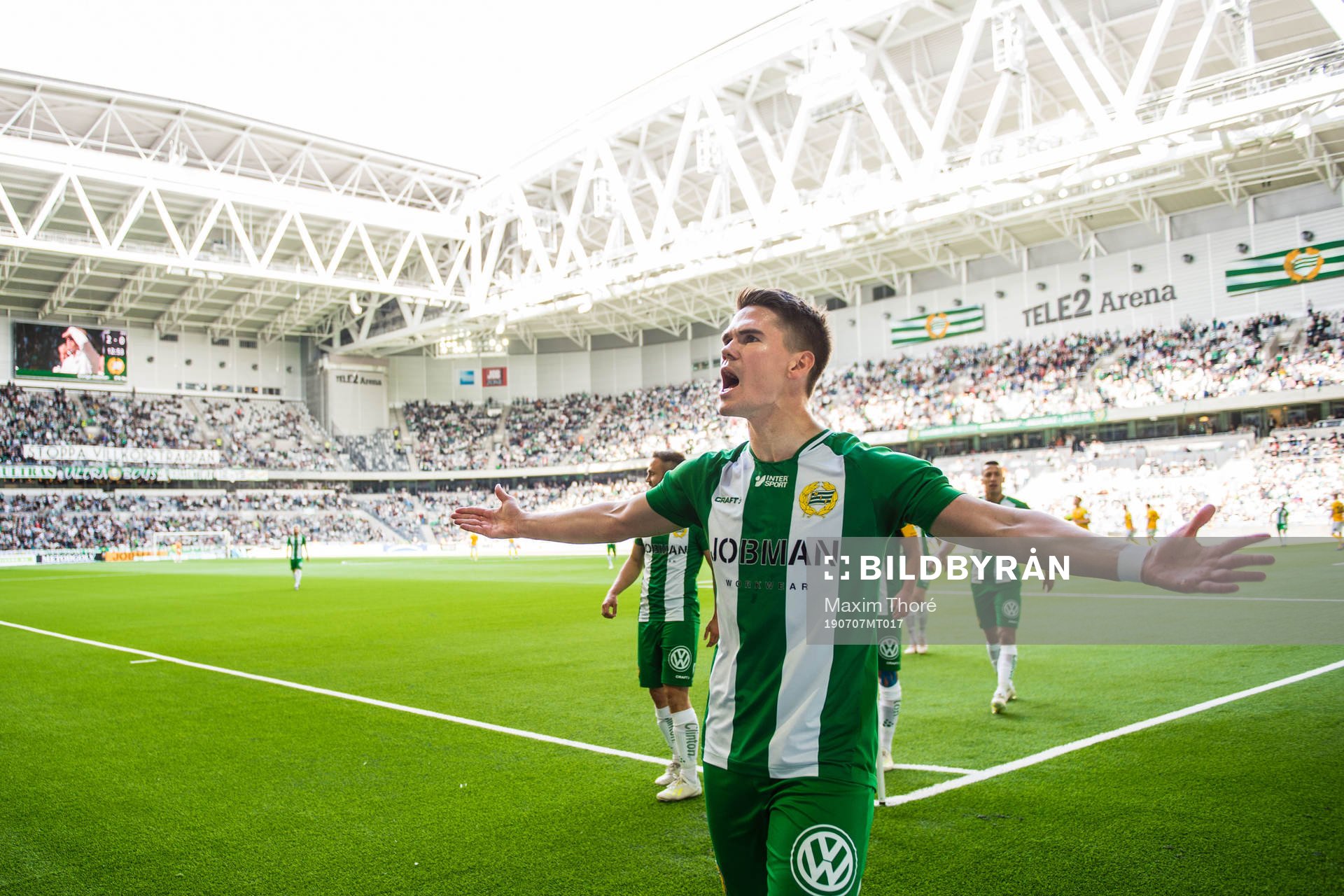 Hammarbys Vidar Örn Kjartansson jublar efter 2-0 under fotbollsmatchen i Allsvenskan mellan Hammarby och Falkenberg den 7 juli 2019 i Stockholm.