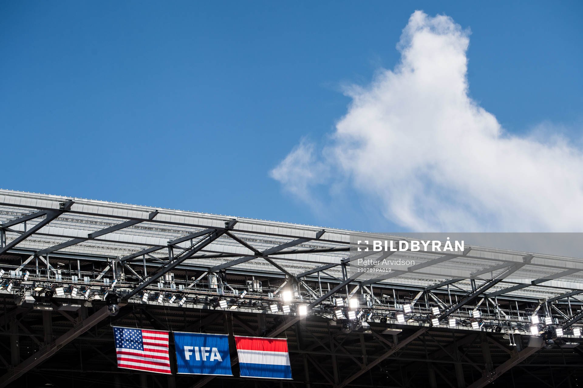 Flags of USA and of Netherlands ahead of the FIFA Women's World Cup final between USA and Netherlands on July 7, 2019 in Lyon.