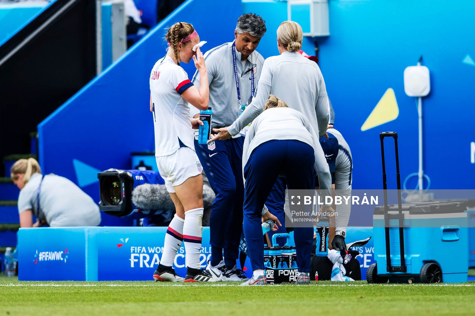 Rebecca Sauerbrunn of USA gets help during the FIFA Women's World Cup final between USA and Netherlands on July 7, 2019 in Lyon.