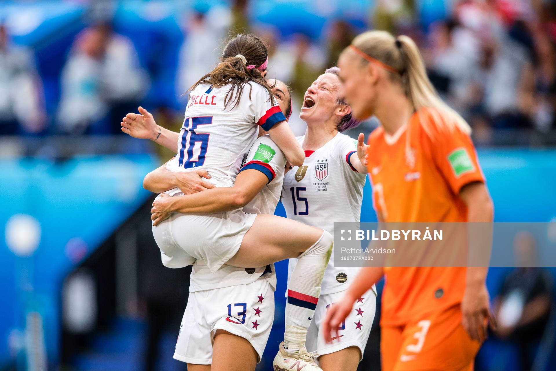 Alex Morgan, Megan Rapinoe and Rose Lavelle celebrates