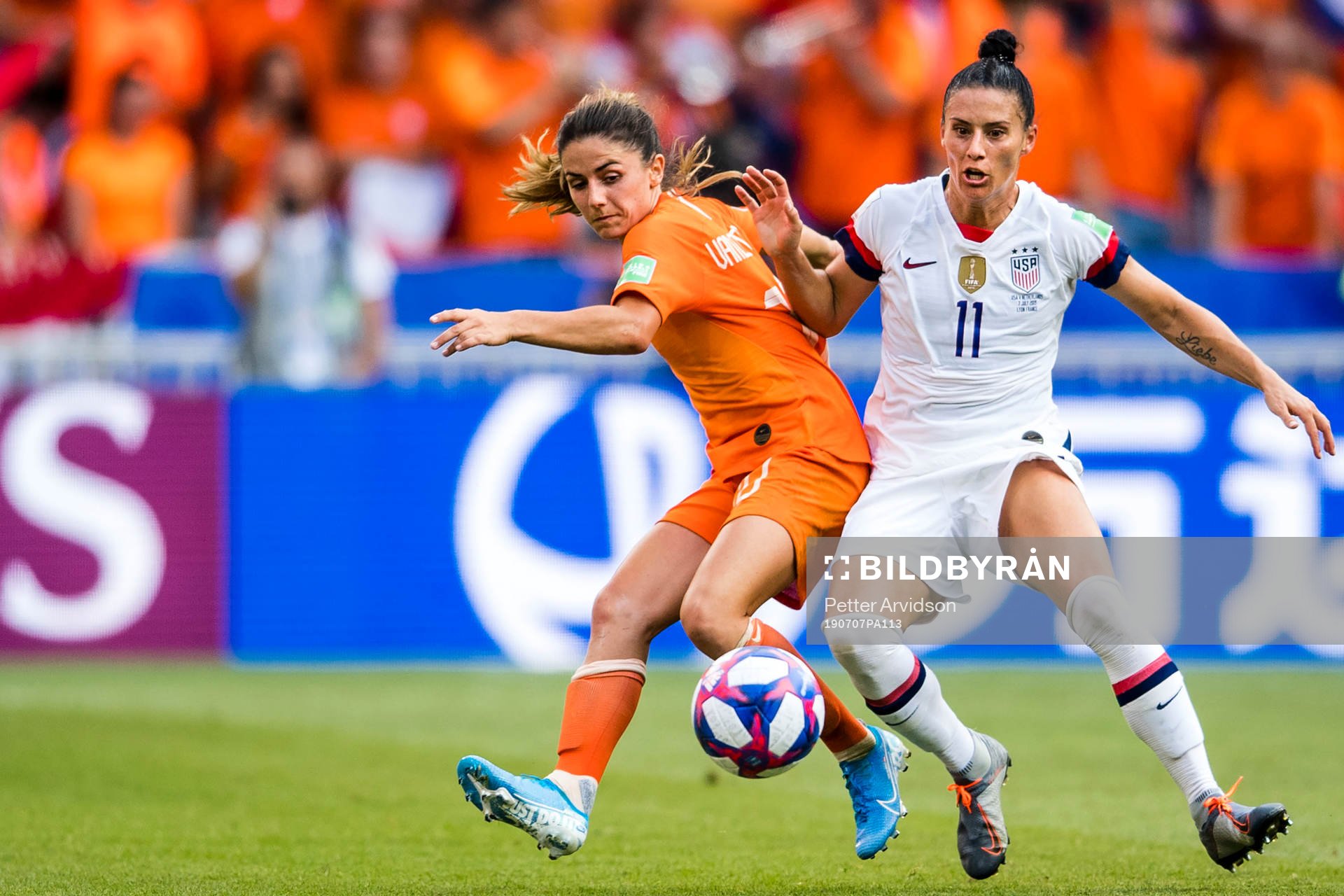 Alexandra Krieger of USA and Daniëlle Van De Donk of Netherlands during the FIFA Women's World Cup final between USA and Netherlands on July 7, 2019 in Lyon.