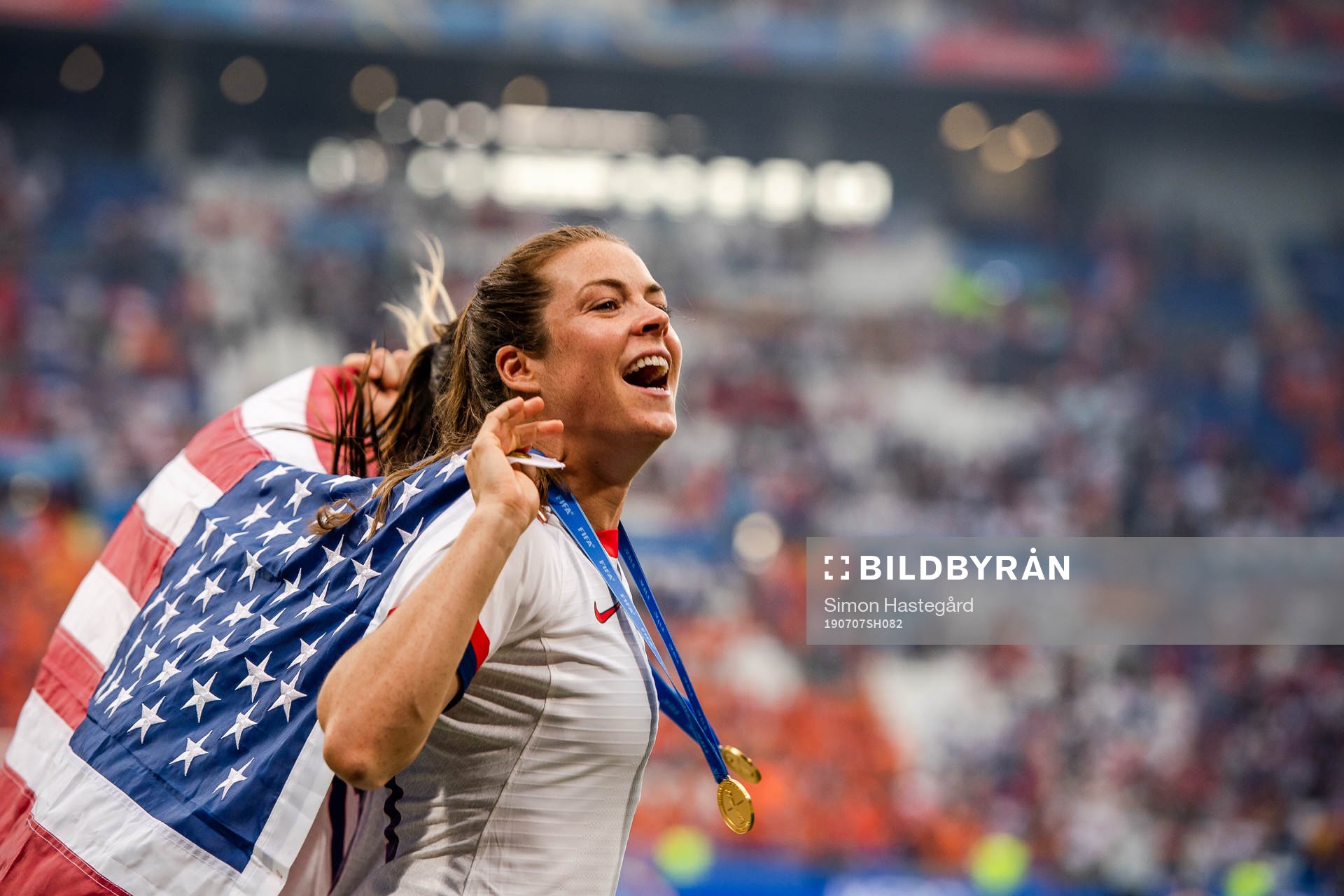 Kelley O'Hara of USA celebrates after winning the the FIFA Women's World Cup final between USA and Netherlands on July 7, 2019 in Lyon.