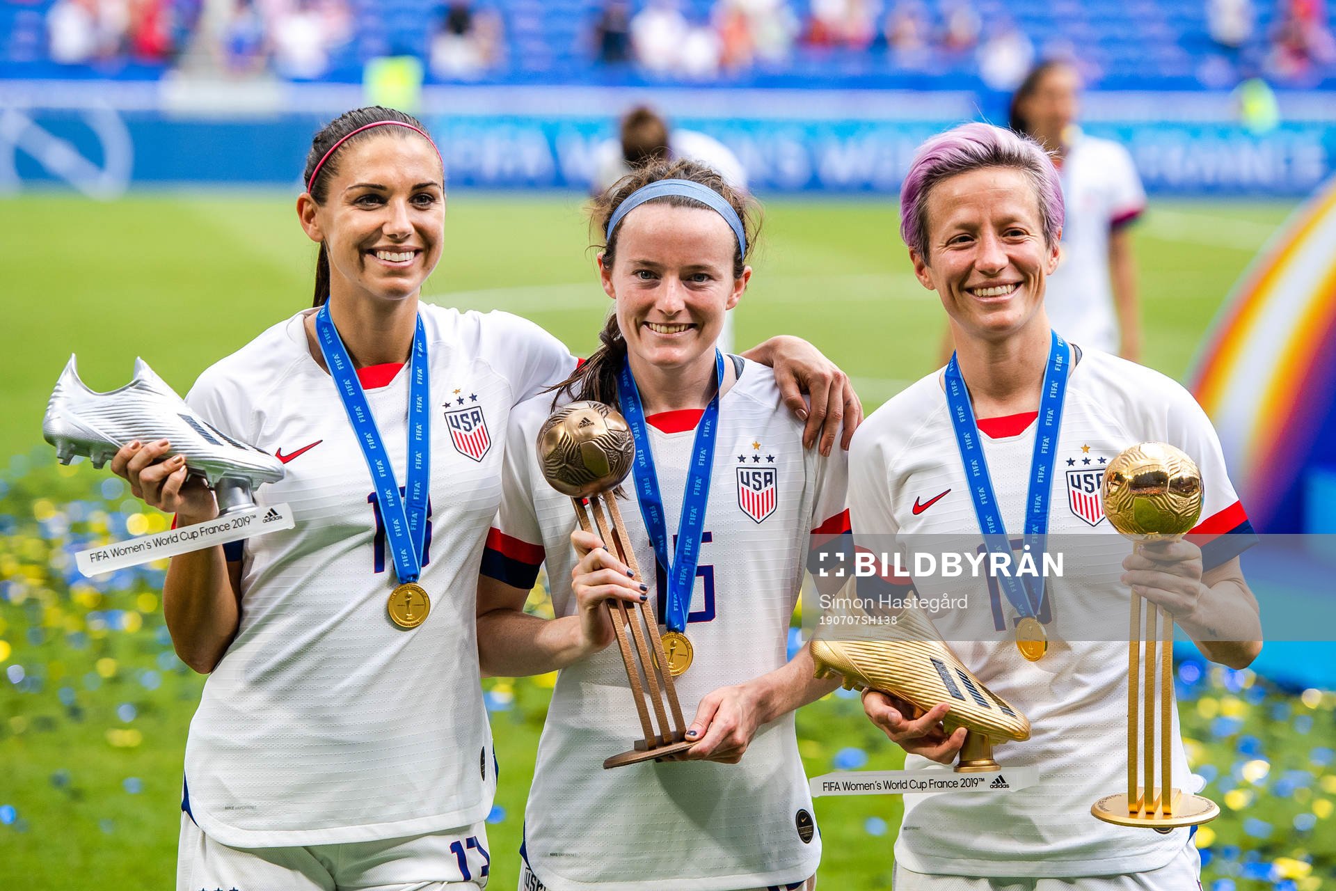 Alex Morgan, Rose Lavelle and Megan Rapinoe of USA celebrate after the FIFA Women's World Cup final between USA and Netherlands on July 7, 2019 in Lyon.