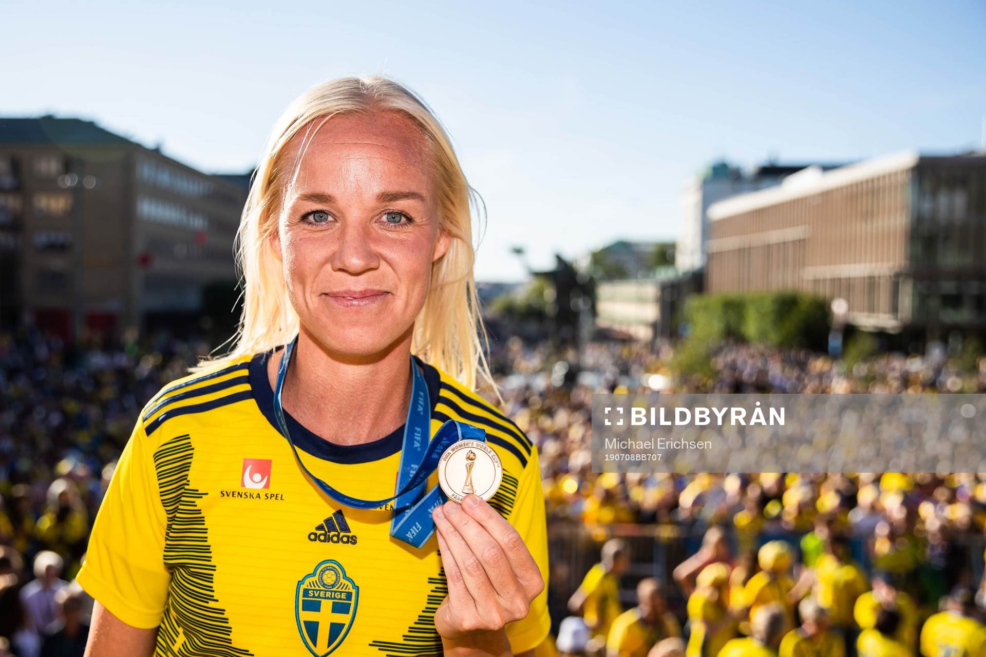Caroline Seger poses with her medal