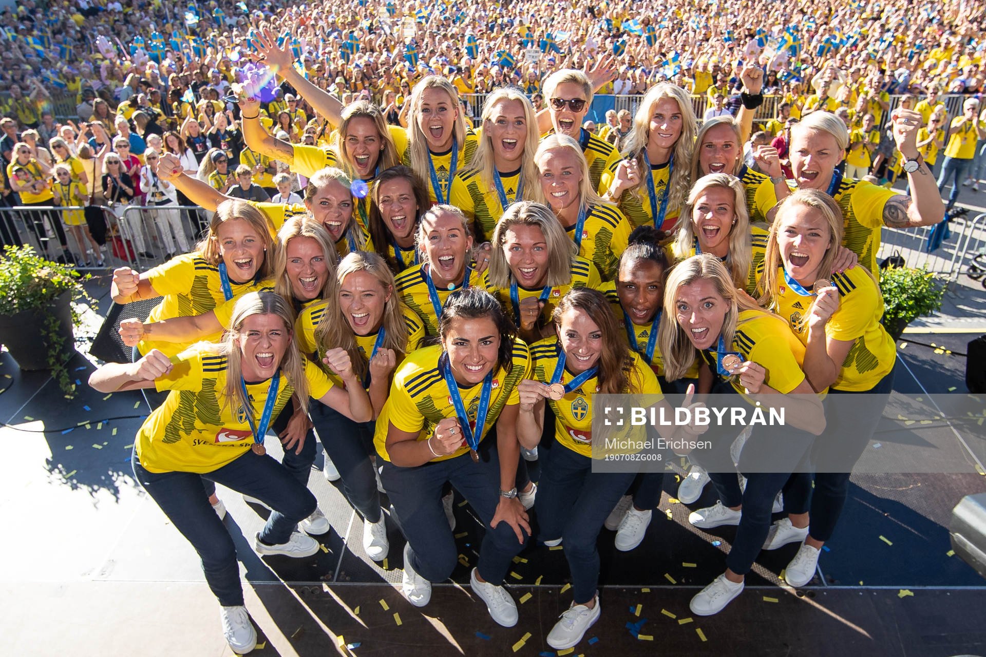 The players pose for a team group photo during the bronze celebrations of the Swedish women's national team after the FIFA Women's World Cup on July 8, 2019 in Gothenburg.