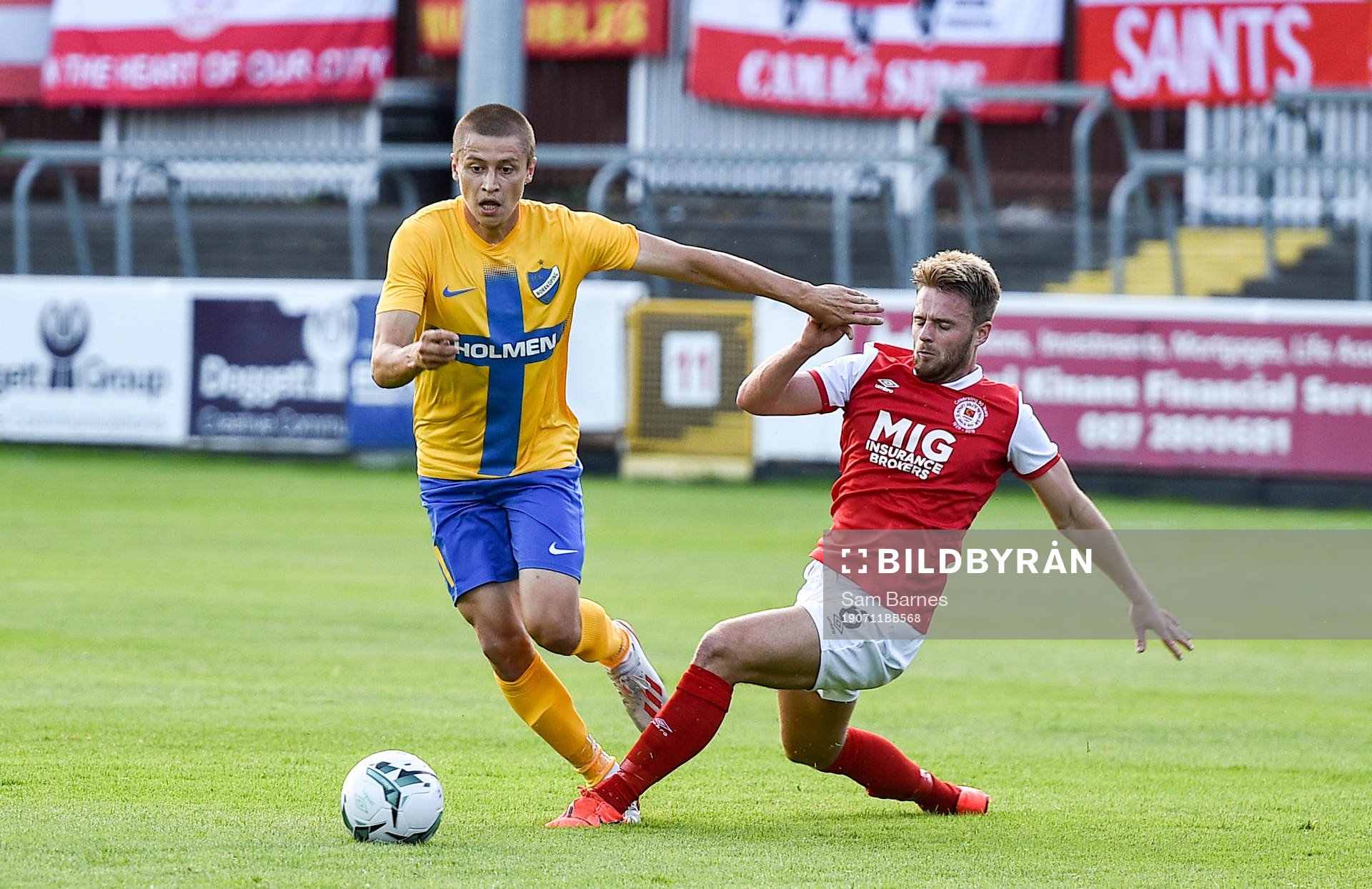 JSimon Thern of IFK Norrköping is tackled by Conor