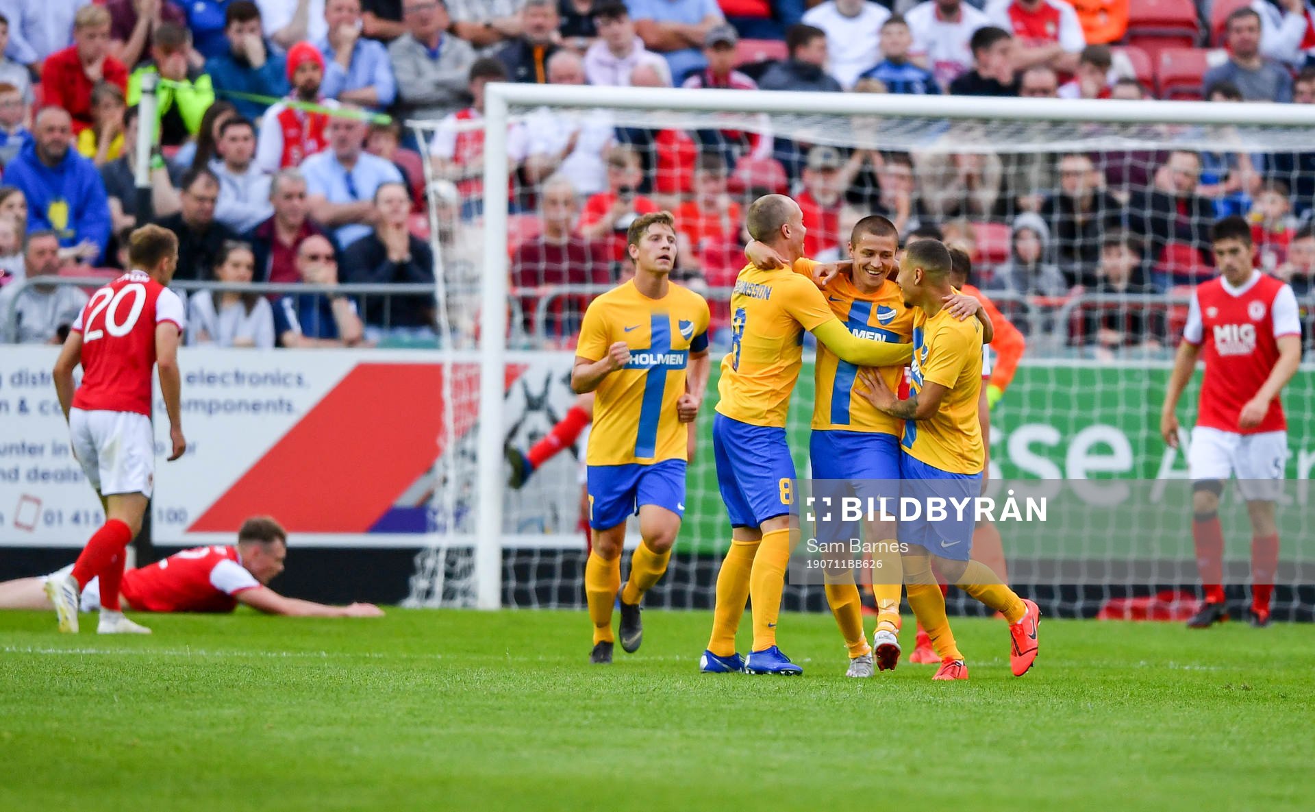 Simon Thern of IFK Norrköping celebrate with teammates