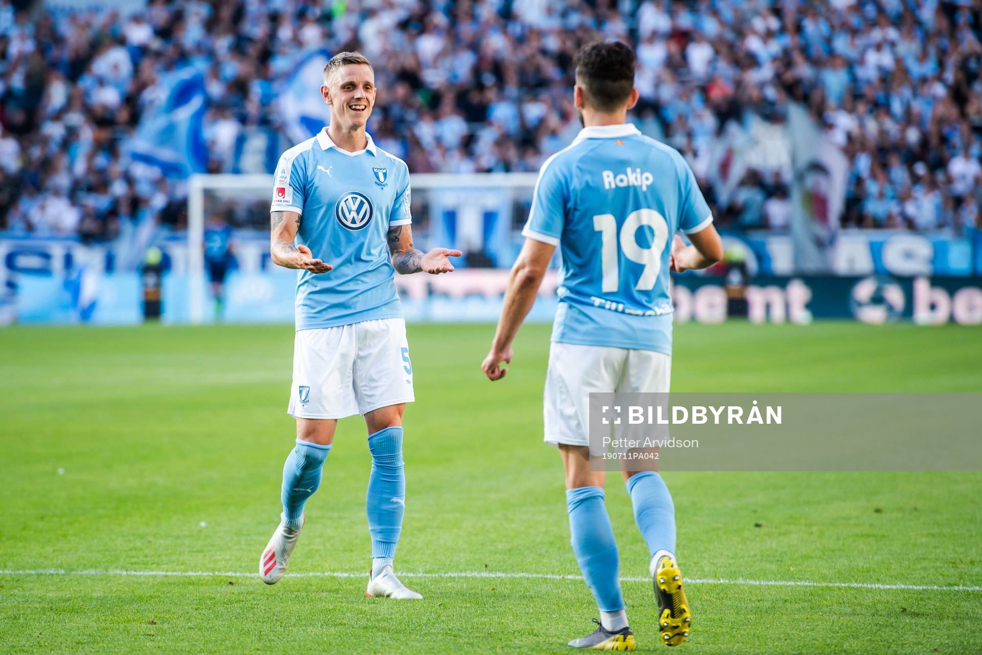 Erdal Rakip and Sören Rieks of Malmö FF celebrate after 3-0 during the UEFA Europa League qualifying match between Malmö FF and Ballymena United on July 11, 2019 in Malmö.