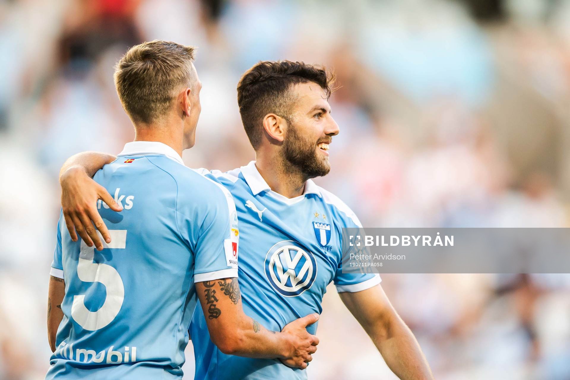Erdal Rakip and Sören Rieks of Malmö FF celebrate after 7-0 during the UEFA Europa League qualifying match between Malmö FF and Ballymena United on July 11, 2019 in Malmö.