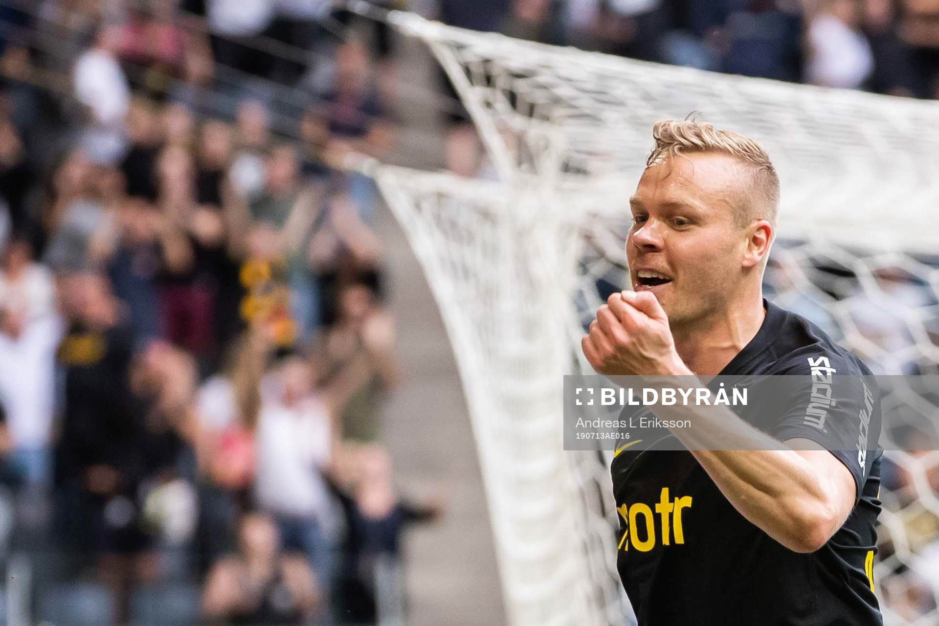 AIK:s Kolbeinn Sigthorsson jublar efter 1-0 under fotbollsmatchen i Allsvenskan mellan AIK och Elfsborg den 13 juli 2019 i Stockholm. 