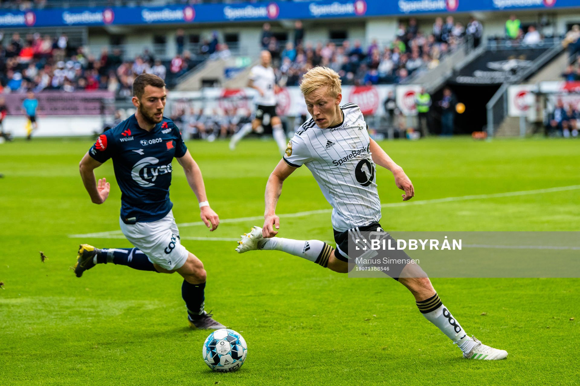 Ylldren Ibrahimaj of Viking and Birger Solberg Meling of Rosenborg during the Eliteserien match between Rosenborg and Viking on July 13, 2019 in Trondheim.