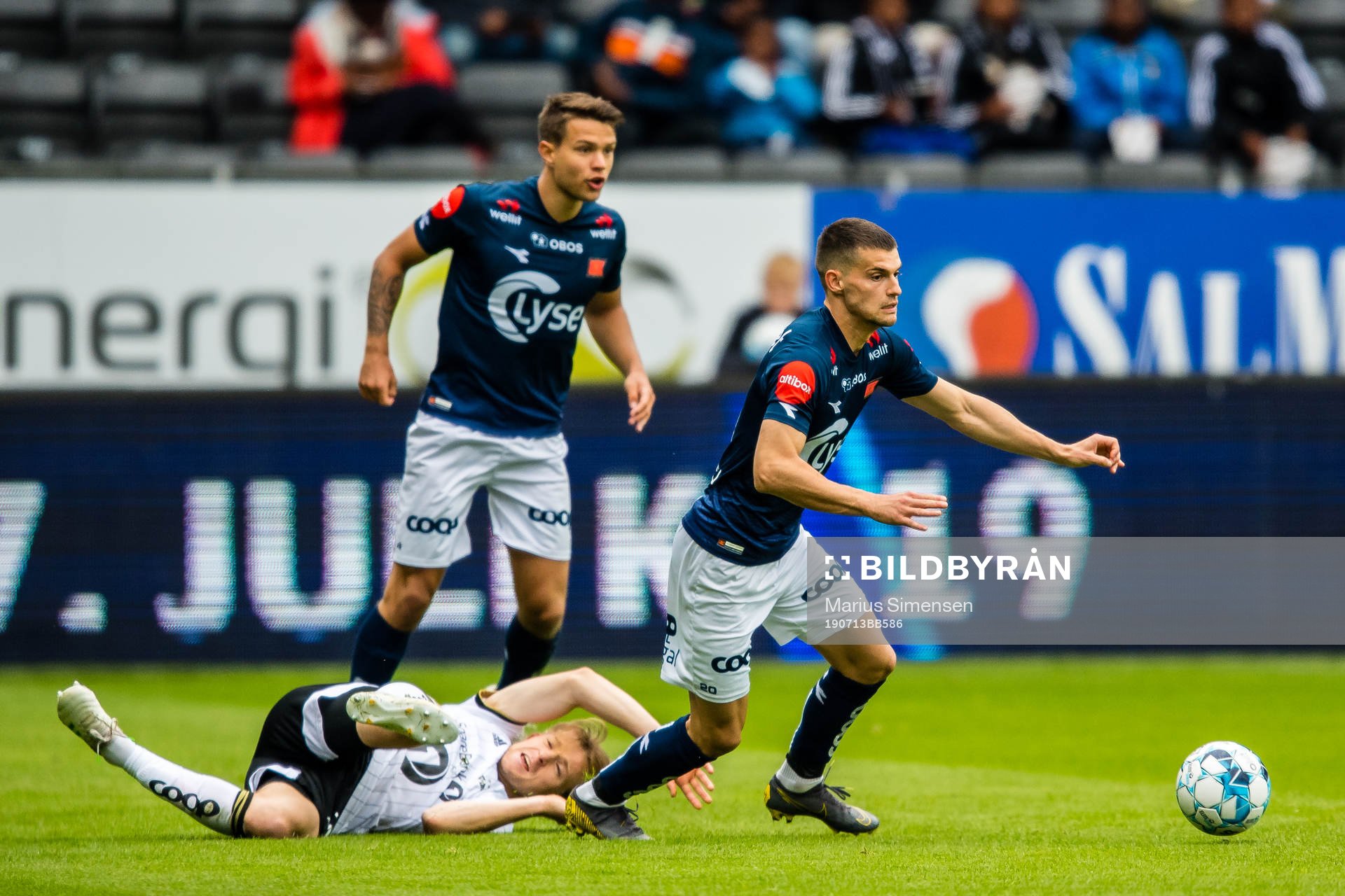 Yann-Erik Randa Bahezre de Lanlay of Rosenborg and Ylldren Ibrahimaj of Viking during the Eliteserien match between Rosenborg and Viking on July 13, 2019 in Trondheim.