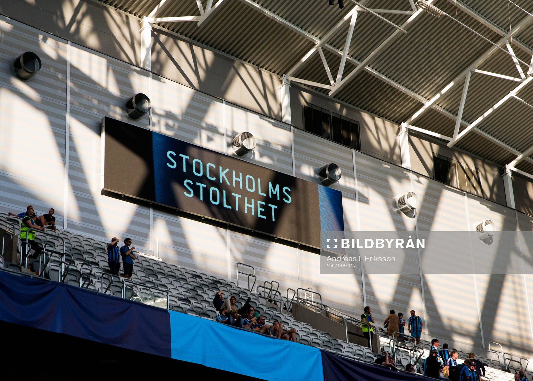 En LED-skärm med texten Stockholms Stolthet efter fotbollsmatchen i Allsvenskan mellan Djurgården och Malmö den 14 juli 2019 i Stockholm. 