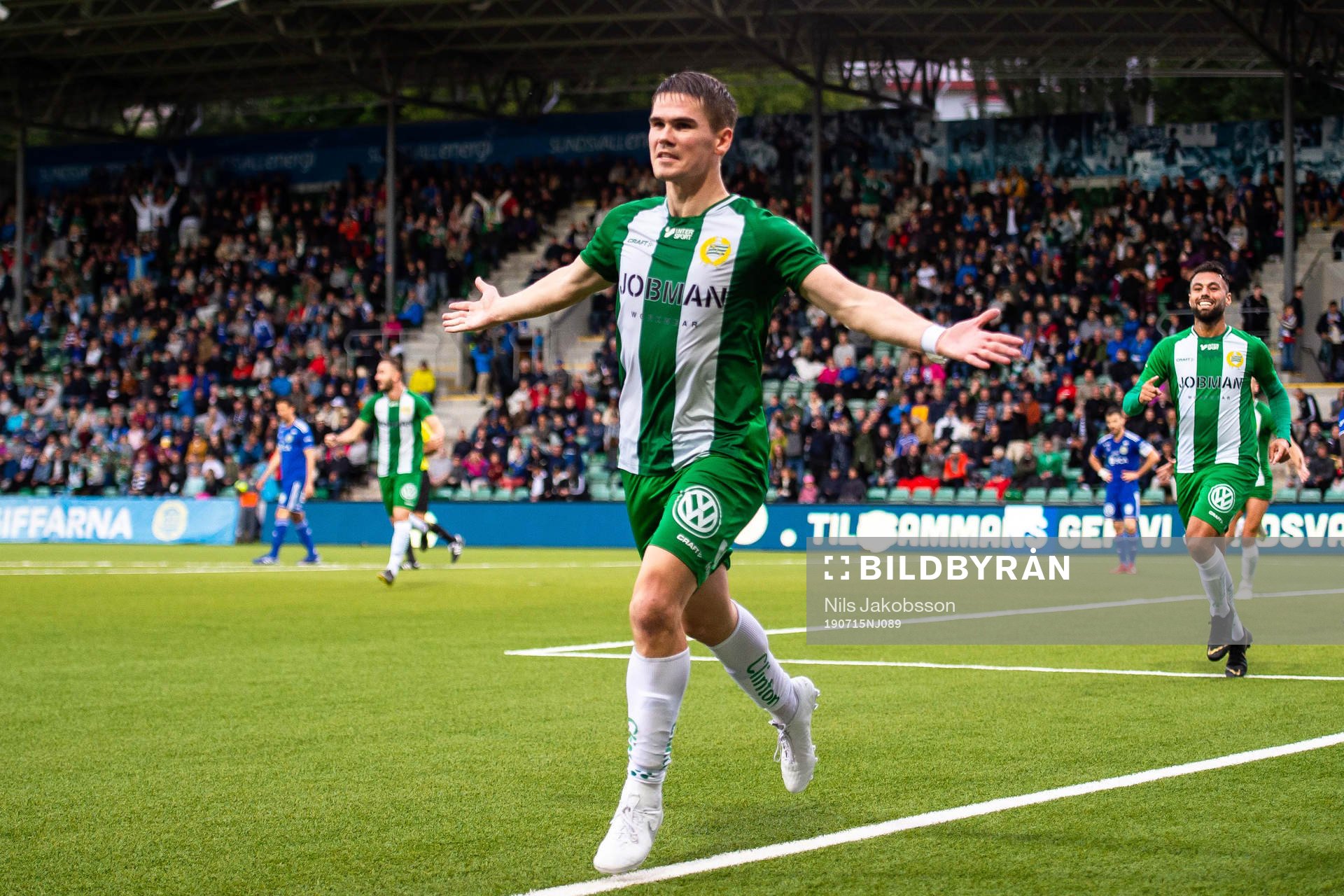 Hammarbys Vidar Örn Kjartansson jublar efter 2-3 under fotbollsmatchen i Allsvenskan mellan GIF Sundsvall och Hammarby den 15 juli 2019 i Sundsvall.