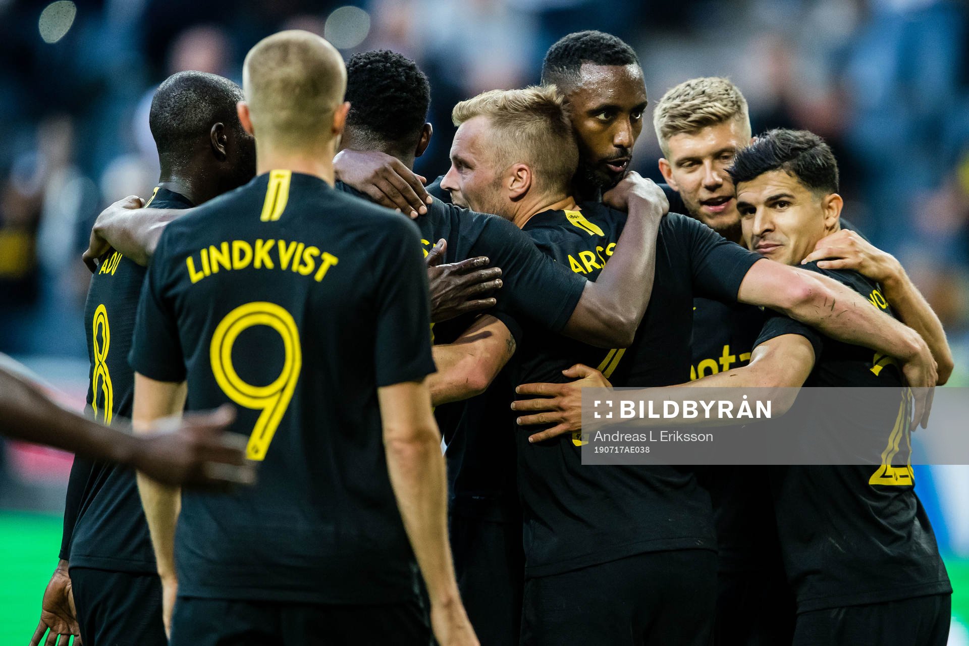 Sebastian Larsson celebrates with teammates after 3-0 during the UEFA Champions League qualifying match between AIK and Ararat-Armenia on July 17, 2019 in Stockholm.
