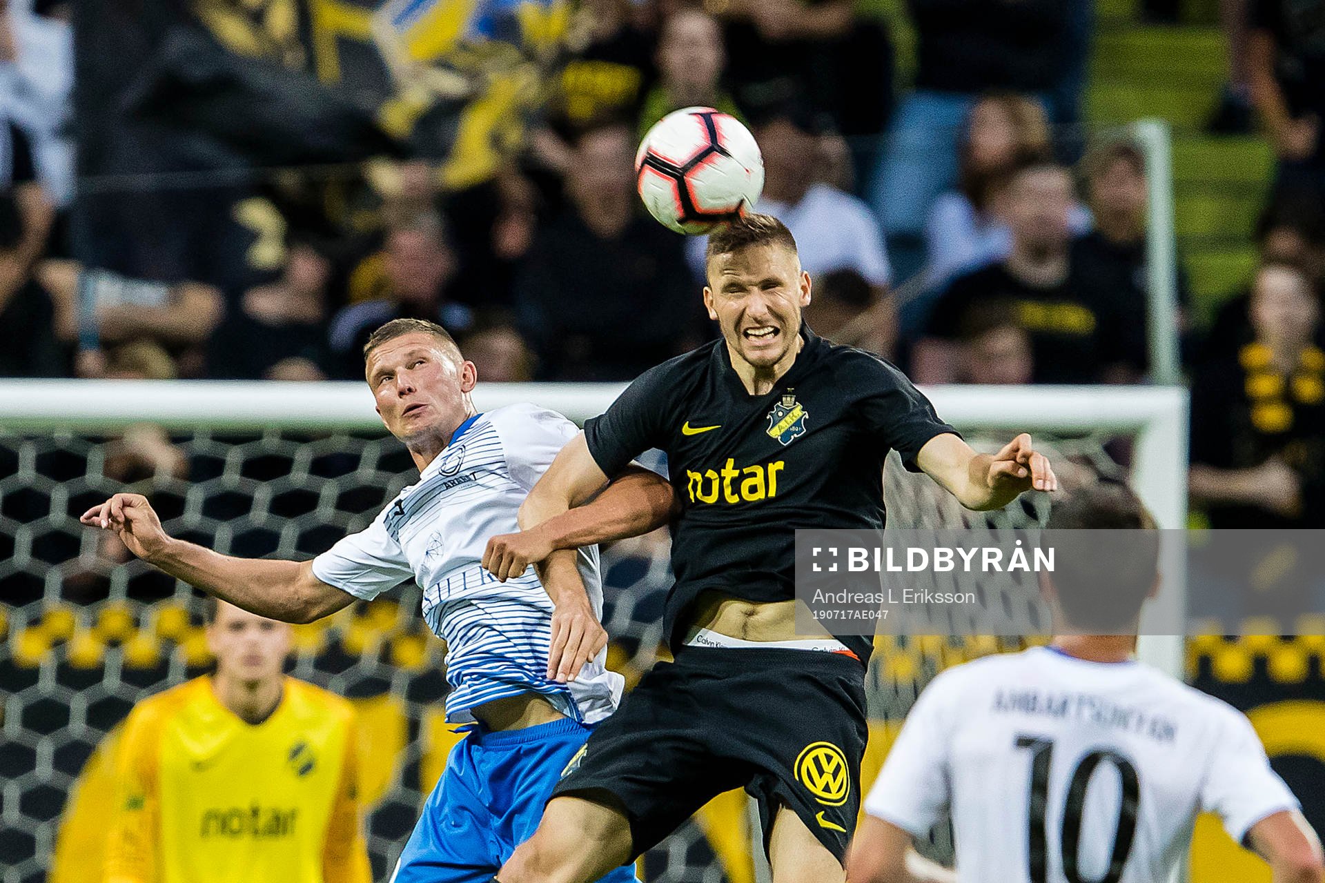 Anton Kobyalko of Ararat-Armenia and Karol Mets of AIK during the UEFA Champions League qualifying match between AIK and Ararat-Armenia on July 17, 2019 in Stockholm.