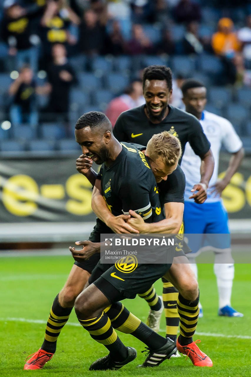 Henok Goitom and Sebastian Larsson celebrates 2-0 during the UEFA Champions League qualifying match between AIK and Ararat-Armenia on July 17, 2019 in Stockholm.
