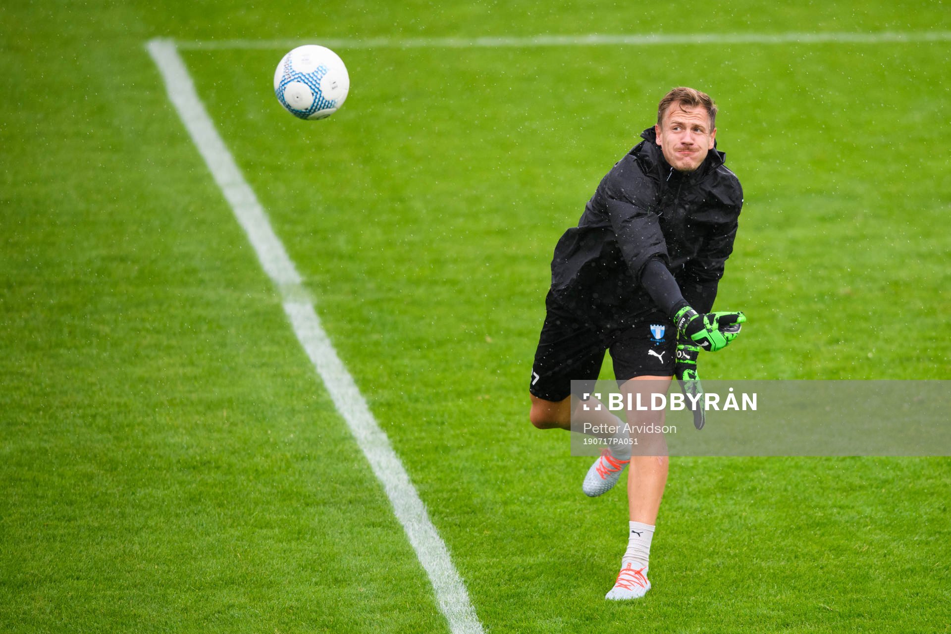 Goalkeeper Johan Dahlin of Malmö FF during a training ahead of the Europa League qualifying match between Ballymena United and Malmö FF on July 17, 2019 in Ballymena.
