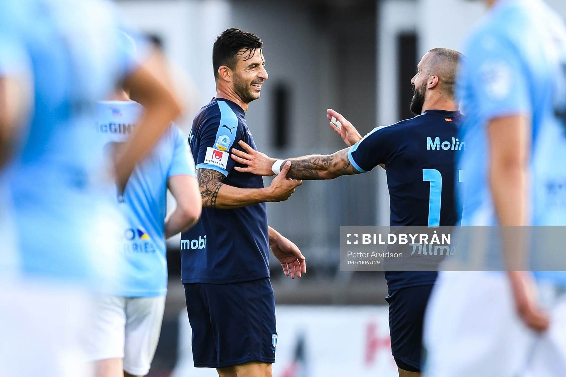 Behrang Safari and Guillermo Molins of Malmö FF celebrate after 1-0 during the UEFA Europa League qualifying match between Ballymena United and Malmö FF on July 18, 2019 in Ballymena.