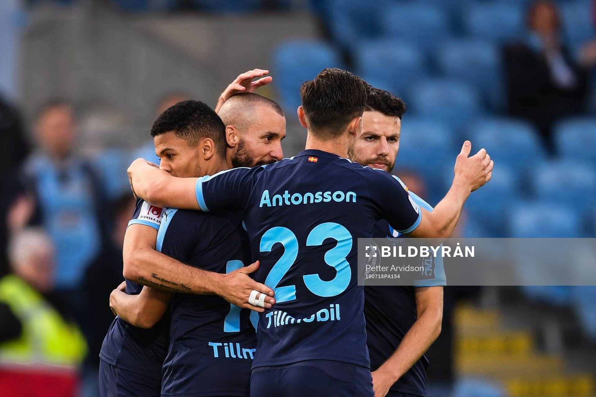 Guillermo Molins of Malmö FF celebrate with teammates after 0-2 during the UEFA Europa League qualifying match between Ballymena United and Malmö FF on July 18, 2019 in Ballymena.