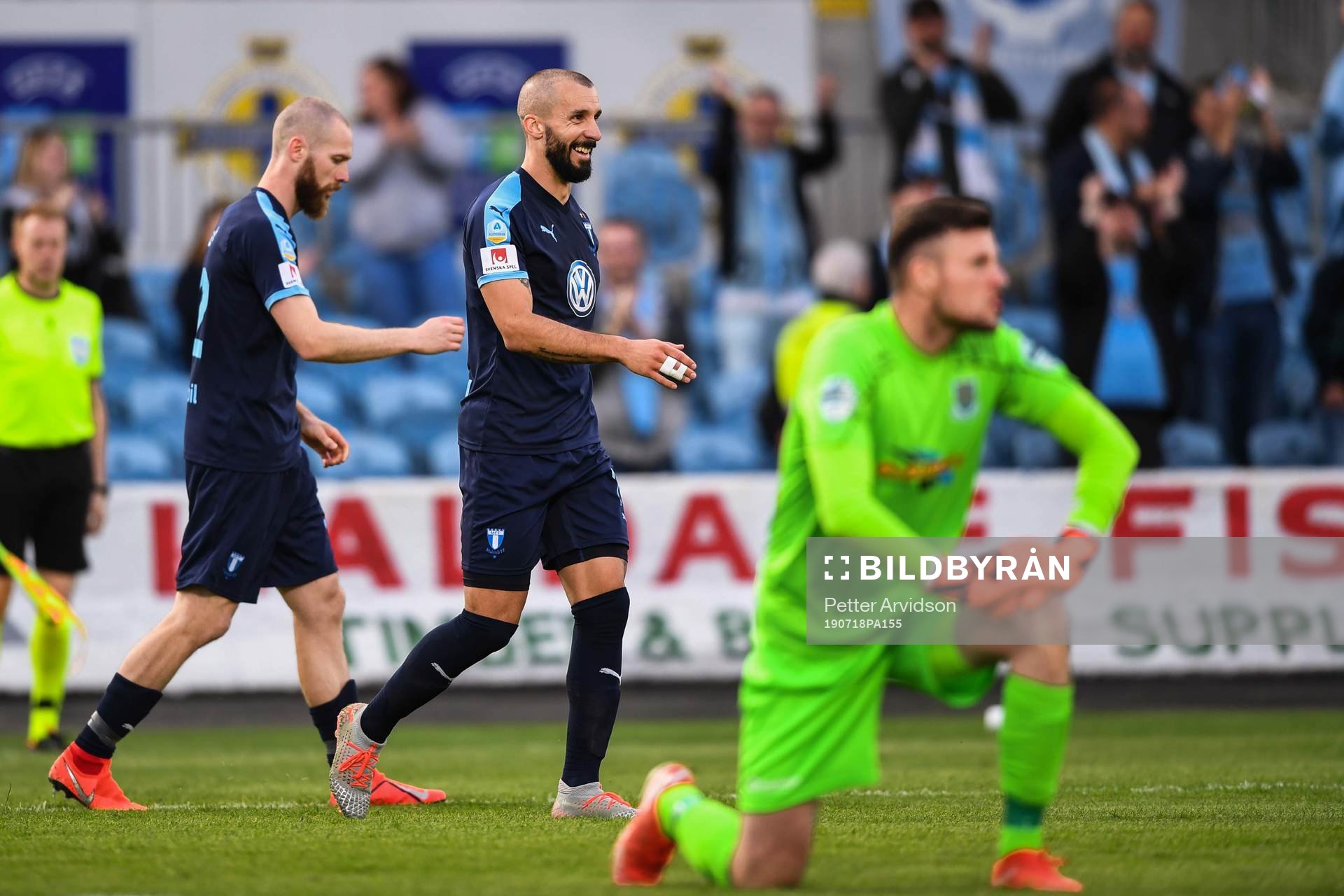 Jo Inge Berget and Guillermo Molins of Malmö FF celebrate after 0-2 during the UEFA Europa League qualifying match between Ballymena United and Malmö FF on July 18, 2019 in Ballymena.
