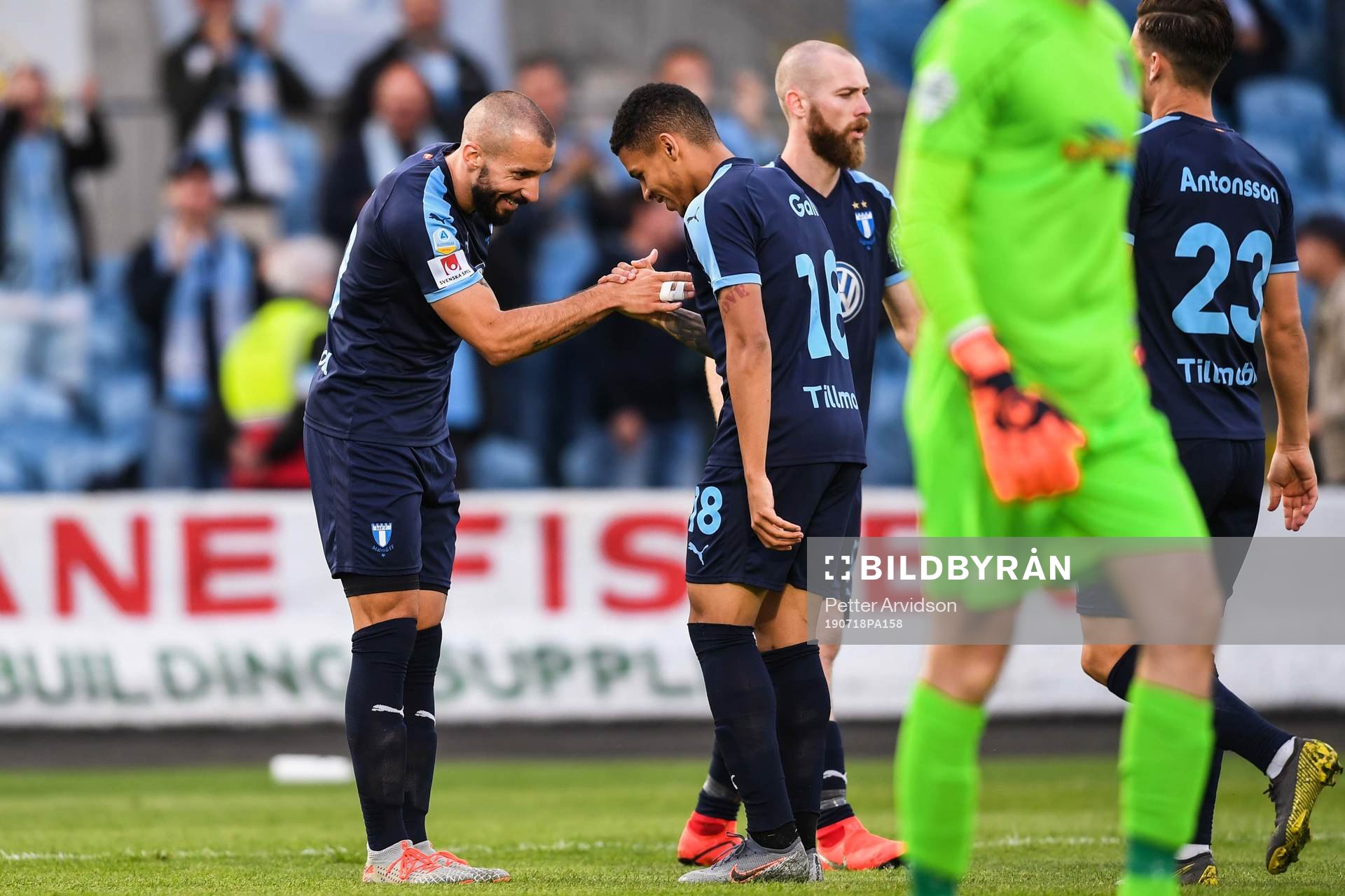 Guillermo Molins and Romain Gall of Malmö FF celebrate after 0-2 during the UEFA Europa League qualifying match between Ballymena United and Malmö FF on July 18, 2019 in Ballymena.