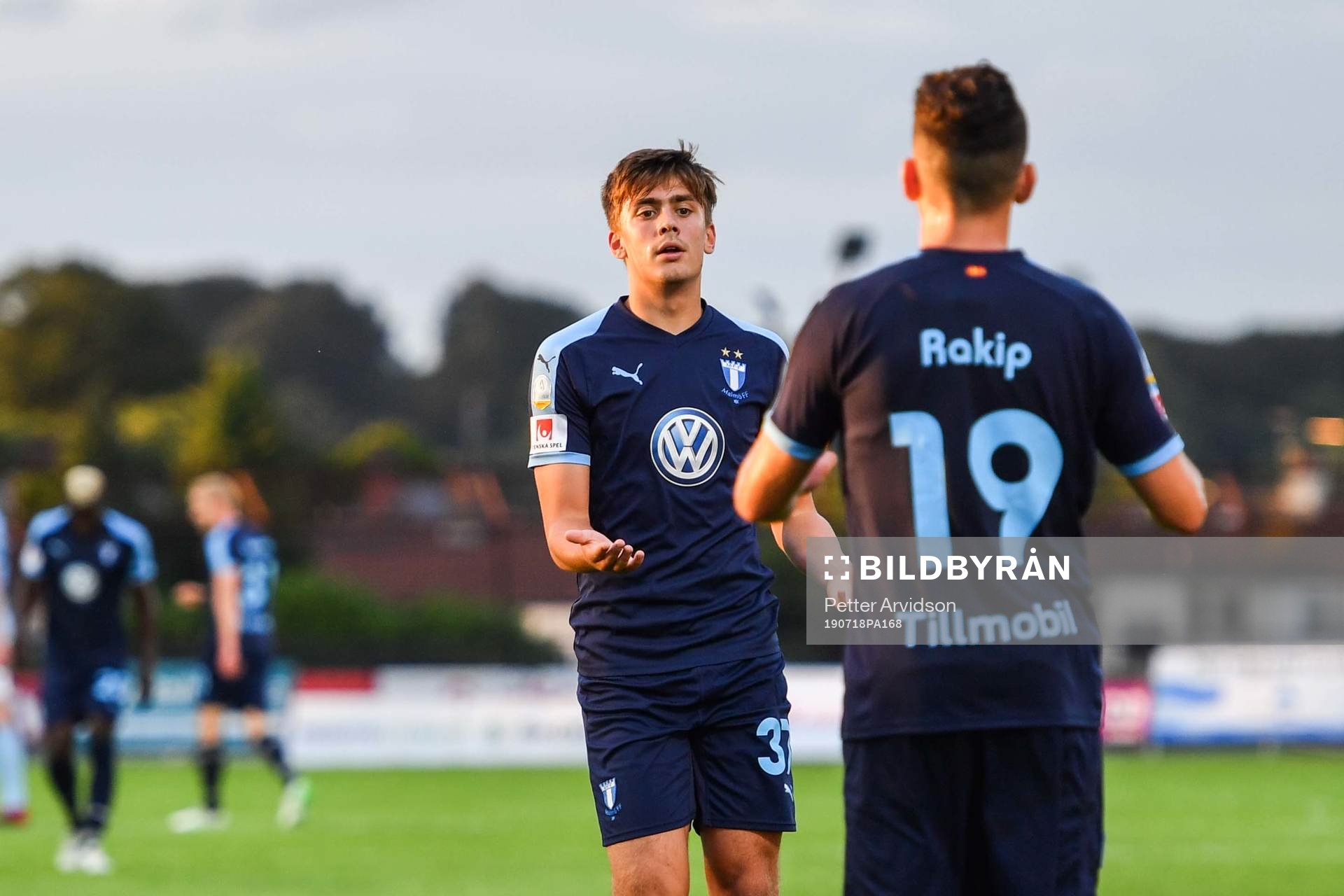 Erdal Rakip and Tim Prica of Malmö FF celebrate after 0-3 during the UEFA Europa League qualifying match between Ballymena United and Malmö FF on July 18, 2019 in Ballymena.