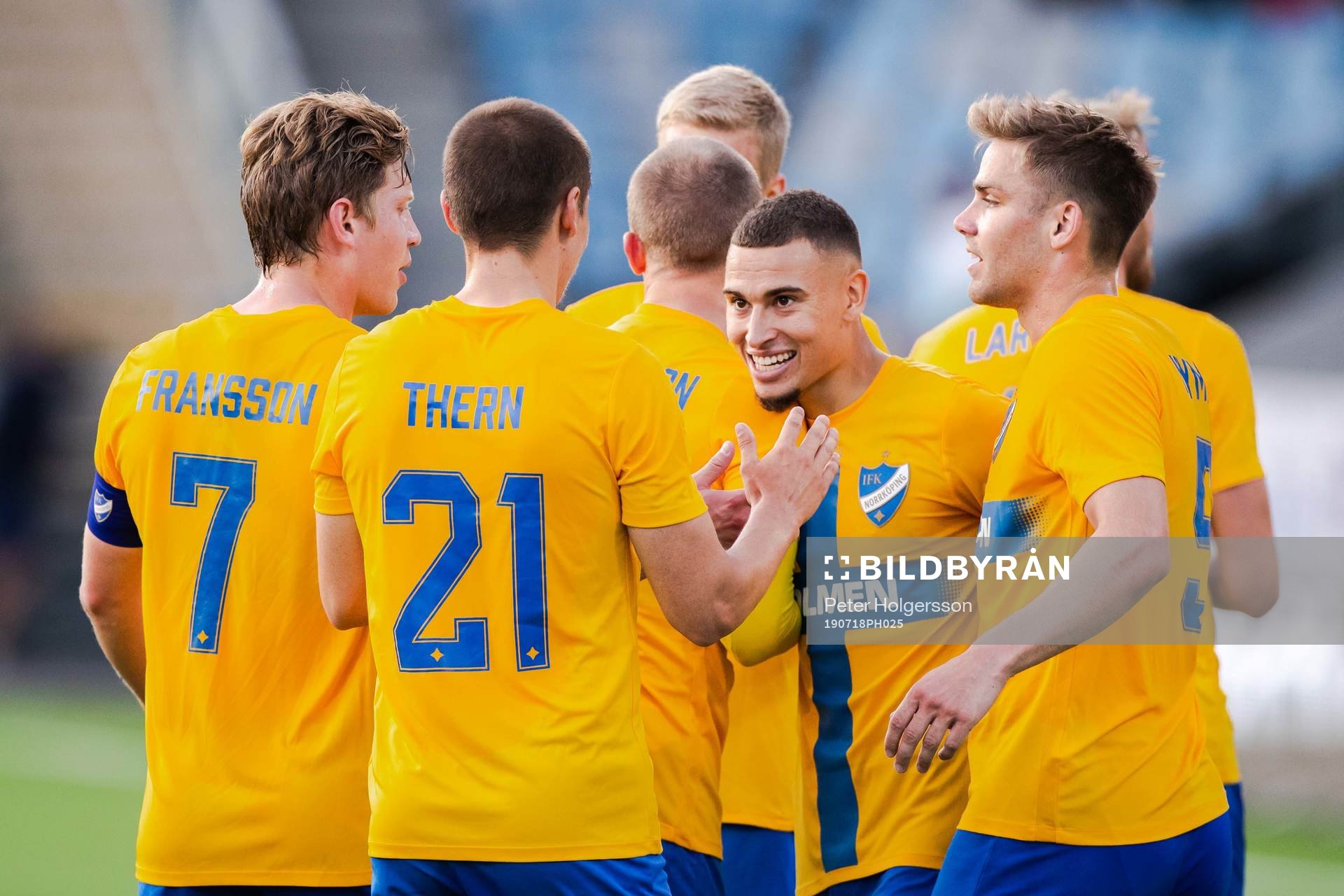 Jordan Larsson of IFK Norrköping celebrate with teammates