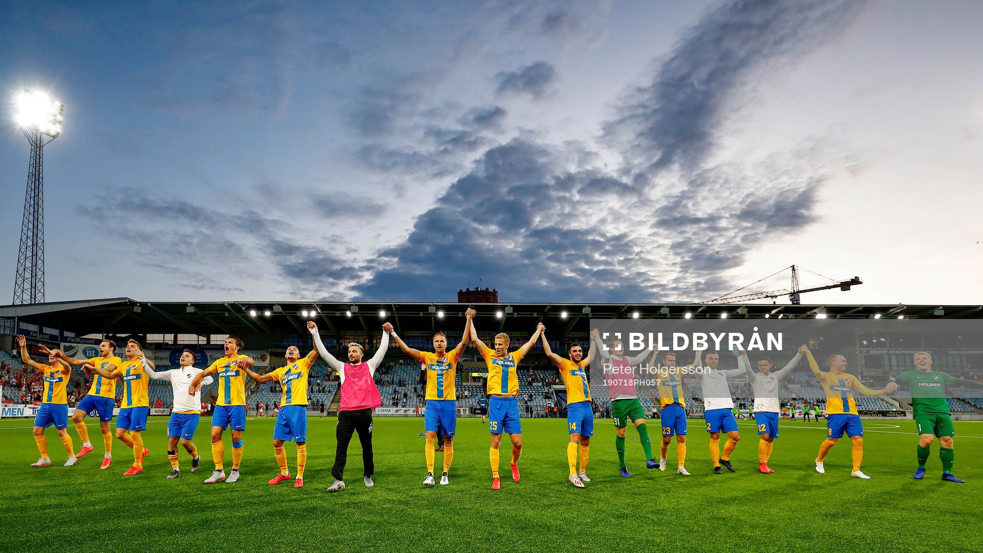 IFK Norrköping celebrate during the UEFA Europa League qualifying match between IFK Norrköping and Saint Patrick's on July 18, 2019 in Norrköping.
