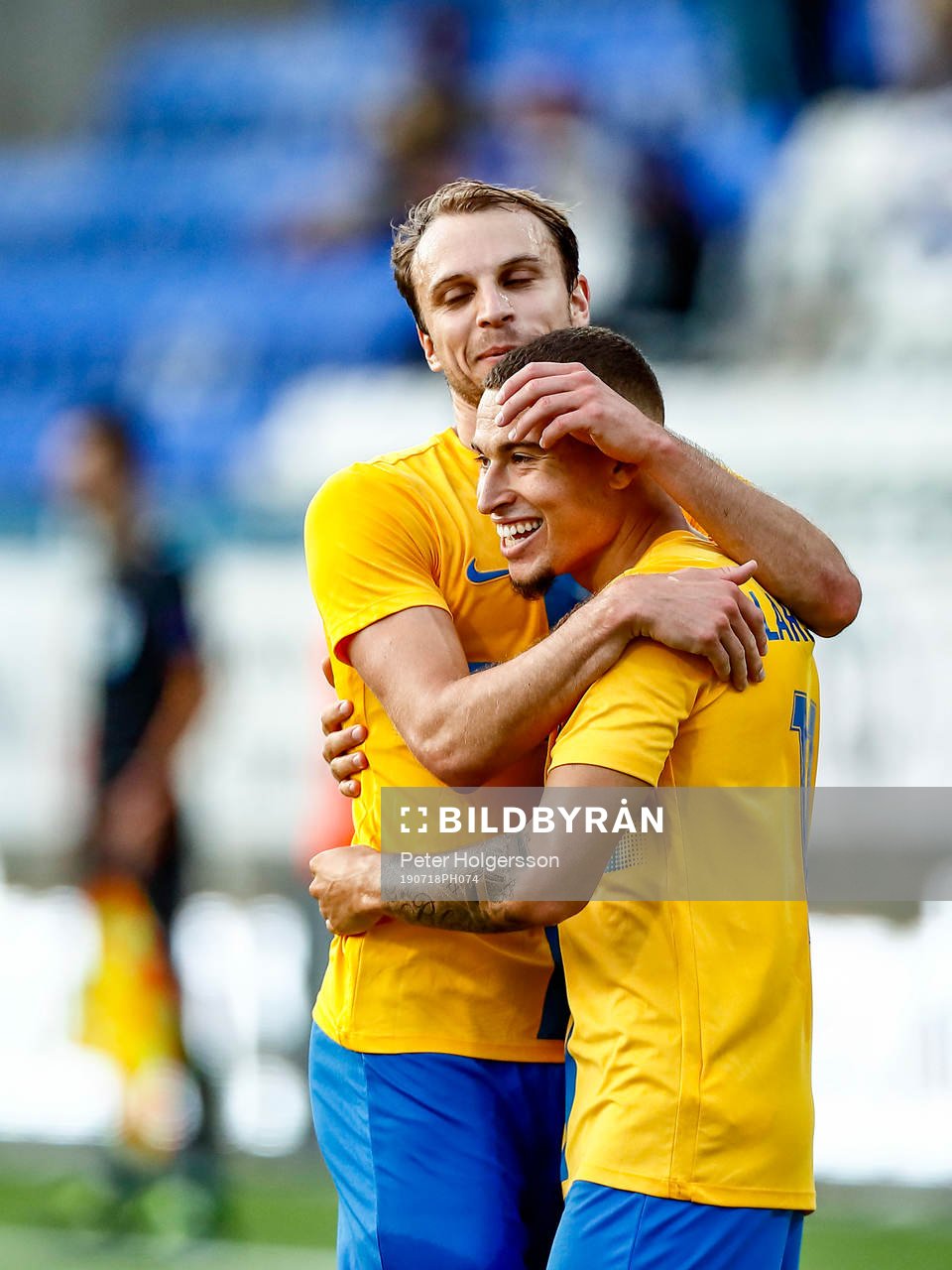Lars Krogh Gerson of IFK Norrköping and Jordan Larsson celebrate after gola 1-0 during the UEFA Europa League qualifying match between IFK Norrköping and Saint Patrick's on July 18, 2019 in Norrköping.