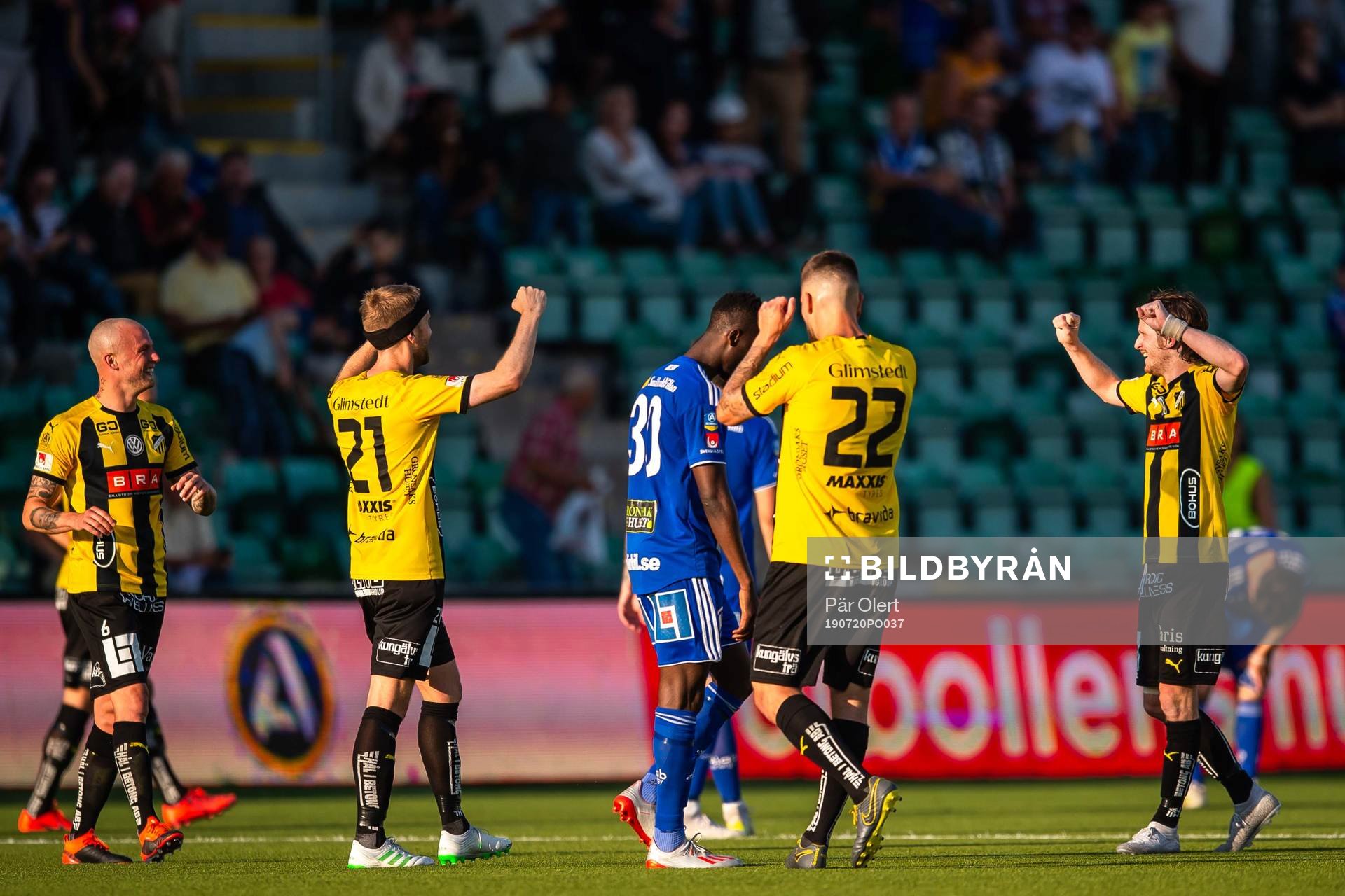 Häckens spelare jublar efter fotbollsmatchen i allsvenskan mellan GIF Sundsvall och Häcken den 20 juli 2019 i Sundsvall. 