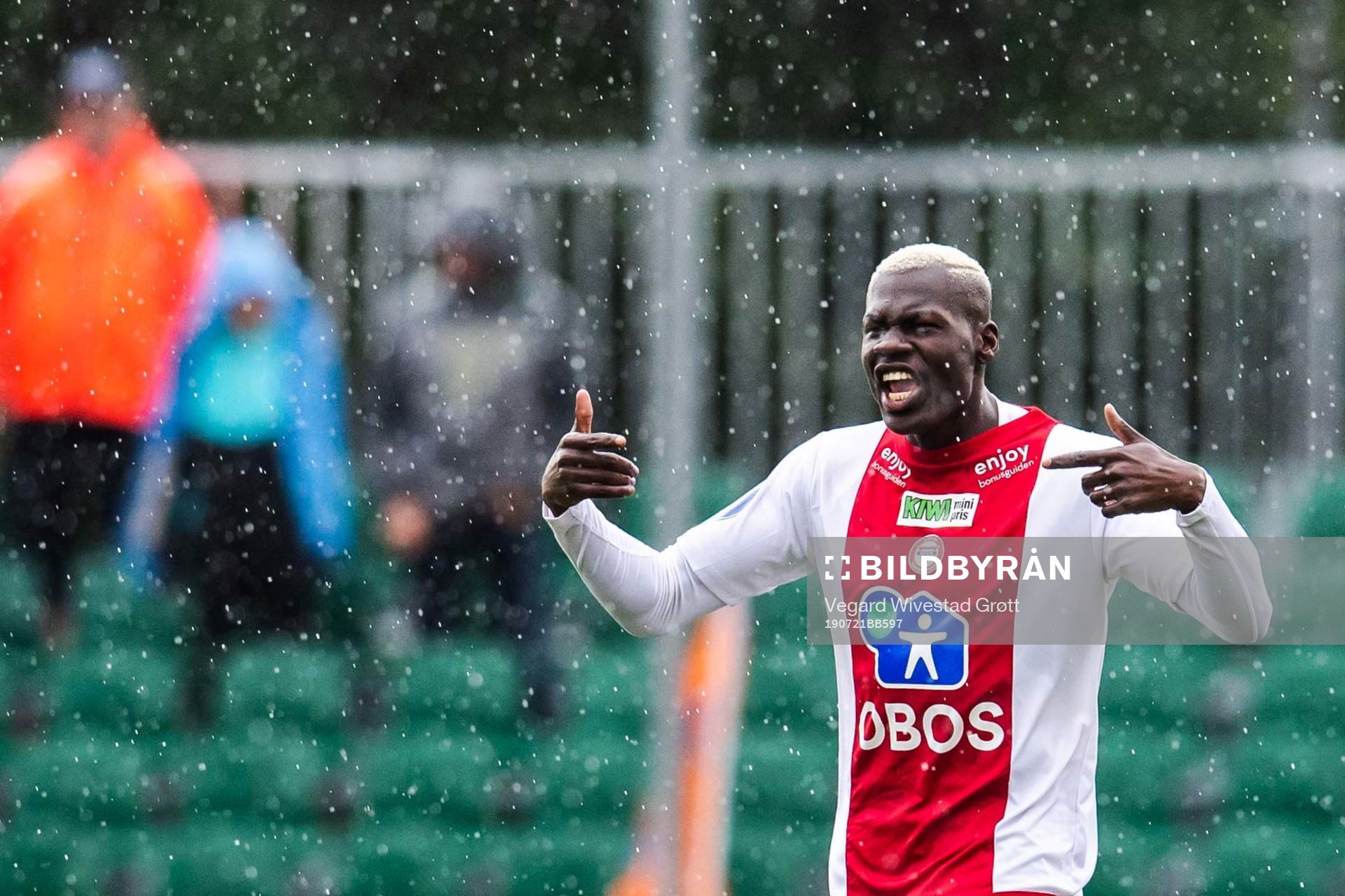 Moses Dramwi Mawa of KFUM celebrates after 1-0 during the OBOS-ligaen football match between KFUM and Aalesund on July 21, 2019 in Oslo.