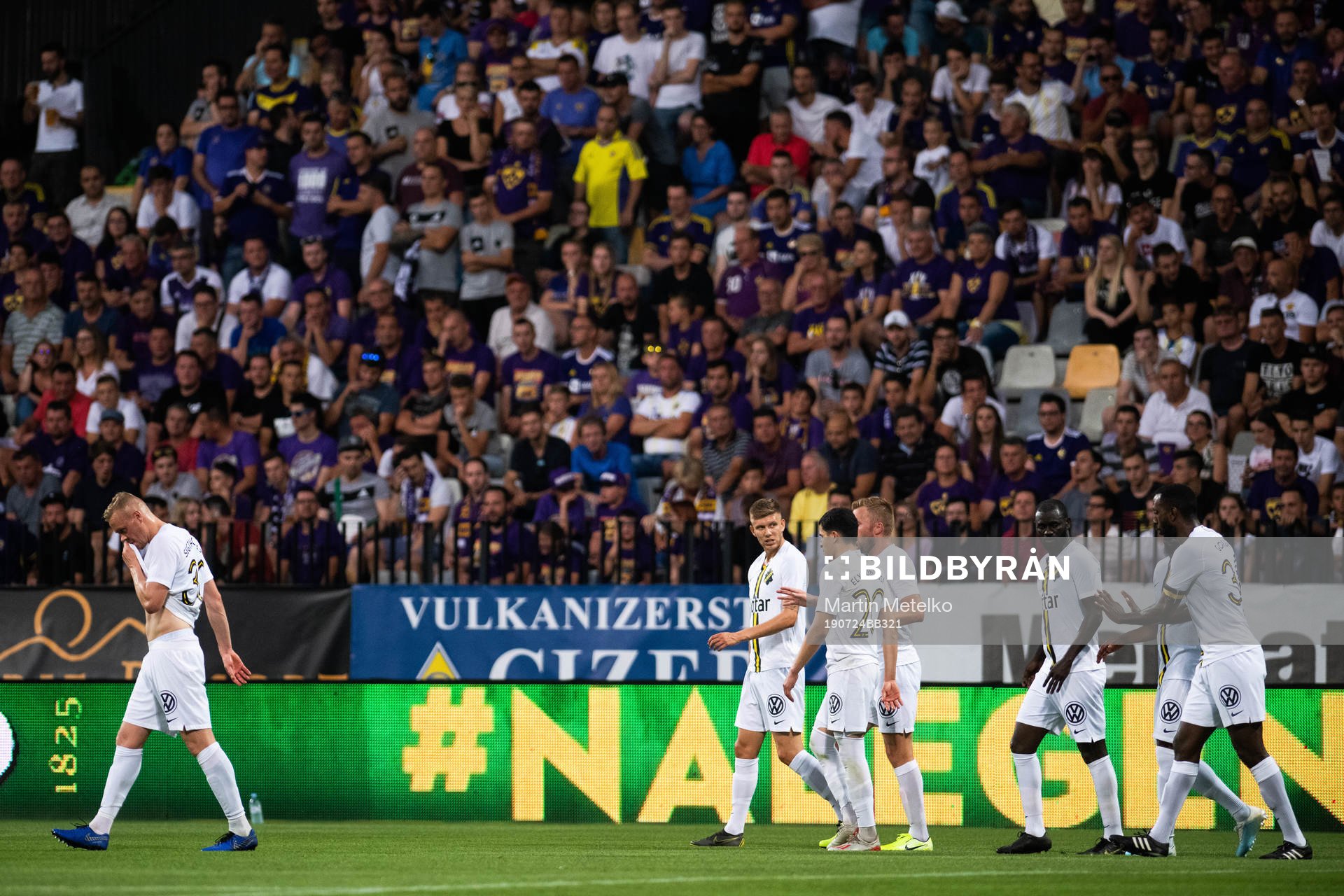 Enoch Kofi Adu, Sebastian Larsson, Kolbeinn Sigthorsson, Tarik Elyounoussi and Henok Goitom of AIK celebrate after 1-1 during the UEFA Champions League qualifying match between Maribor and AIK on July 24, 2019 in Maribor.