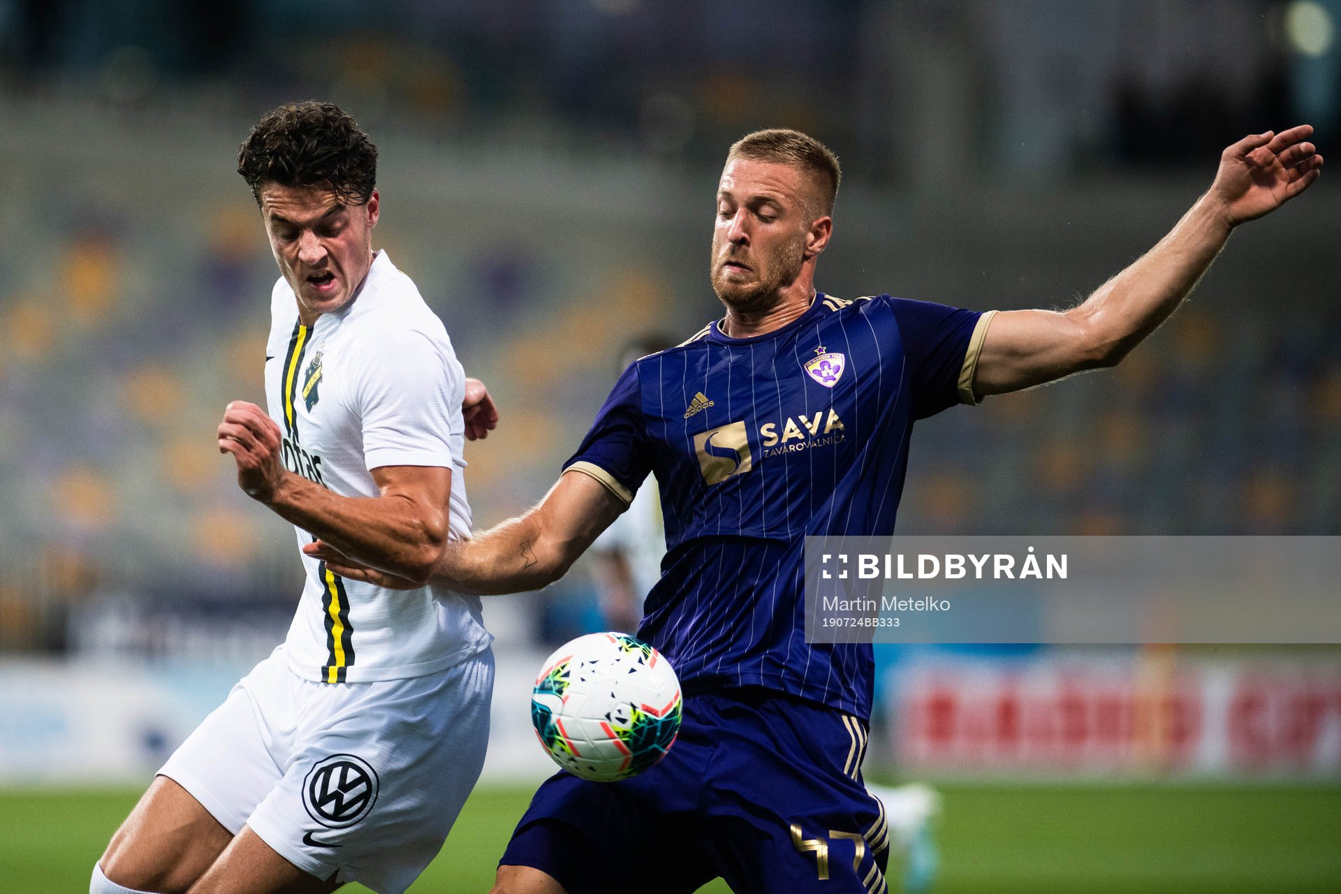 Daniel Granli of AIK and Andrej Kotnik of Maribor during the UEFA Champions League qualifying match between Maribor and AIK on July 24, 2019 in Maribor.