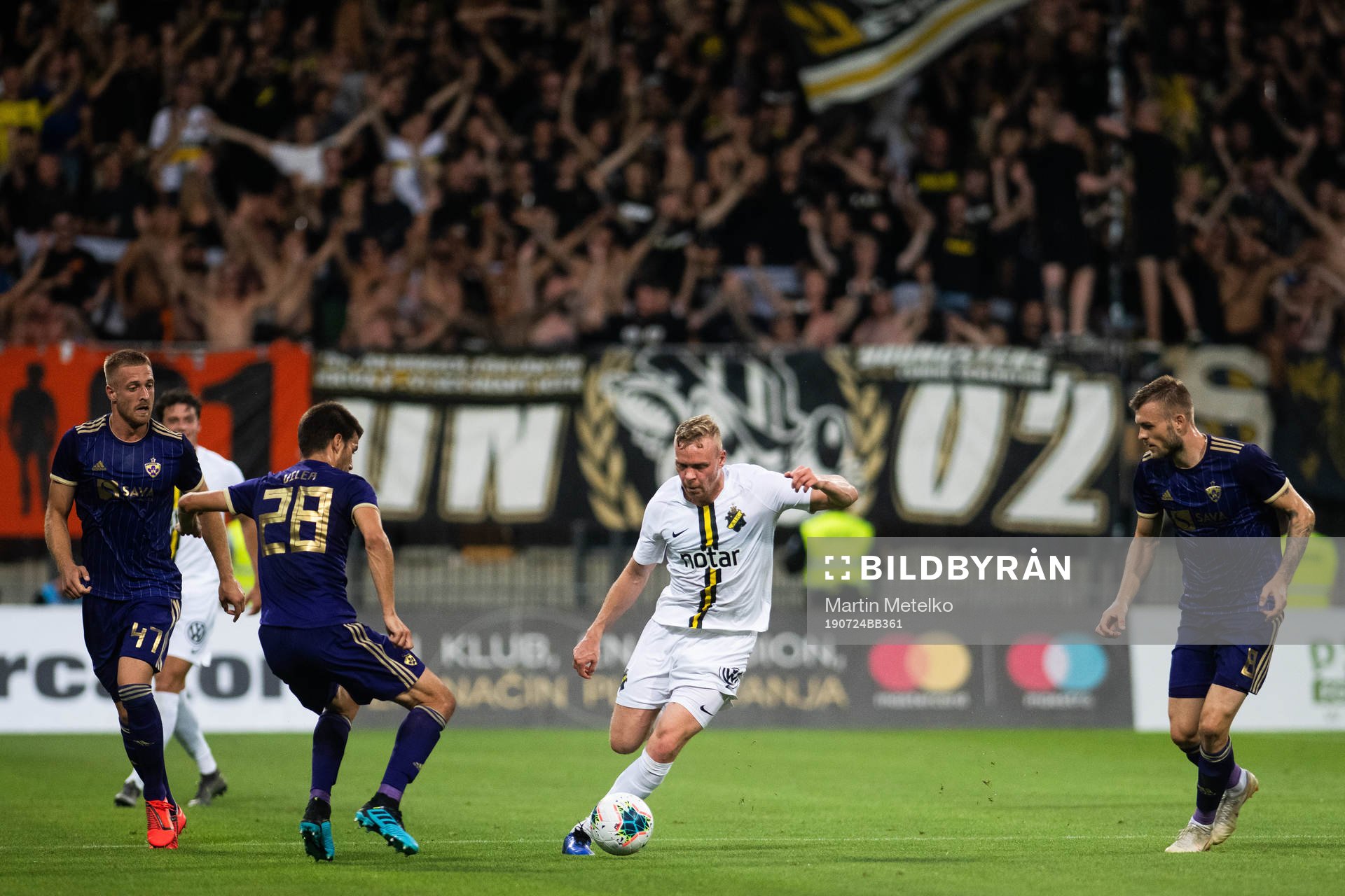 Mitja Viler of Maribor and Kolbeinn Sigthorsson of AIK during the UEFA Champions League qualifying match between Maribor and AIK on July 24, 2019 in Maribor.