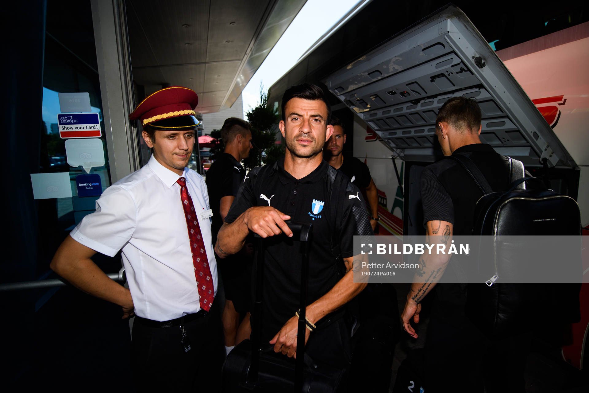 Behrang Safari of Malmö FF arrive at their hotel
