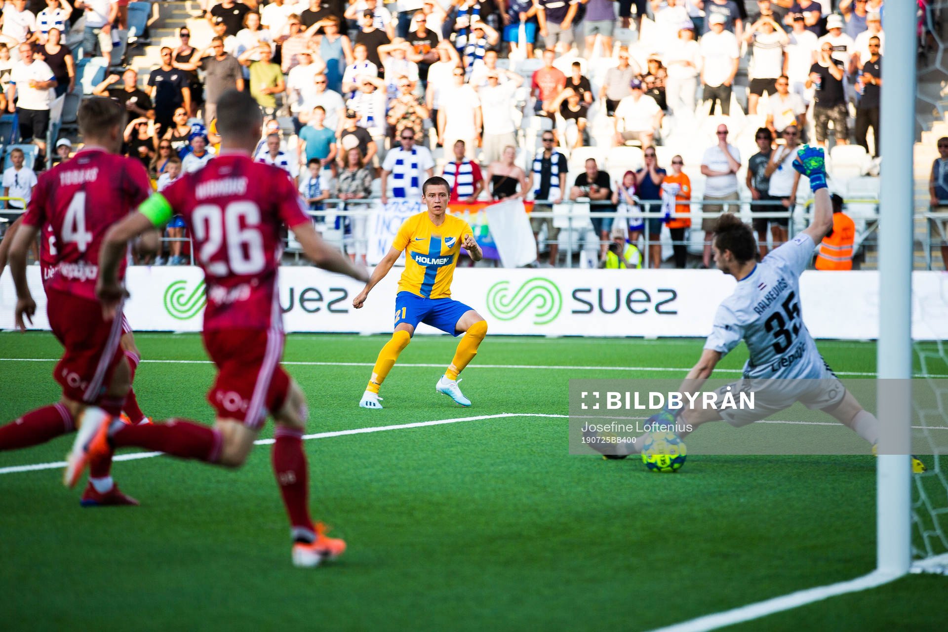 Simon Thern of IFK Norrköping scores 1-0 behind goalkeeper