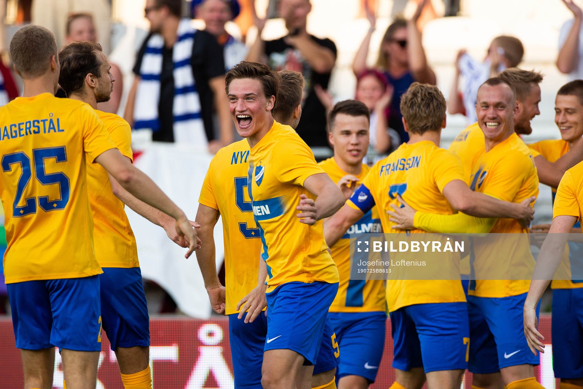 Rasmus Lauritsen of IFK Norrköping celebrates after Simon Thern (not pictured) scored 1-0 during the UEFA Europa League qualifying match between IFK Norrköping and Liepaja on July 25, 2019 in Norrköping.