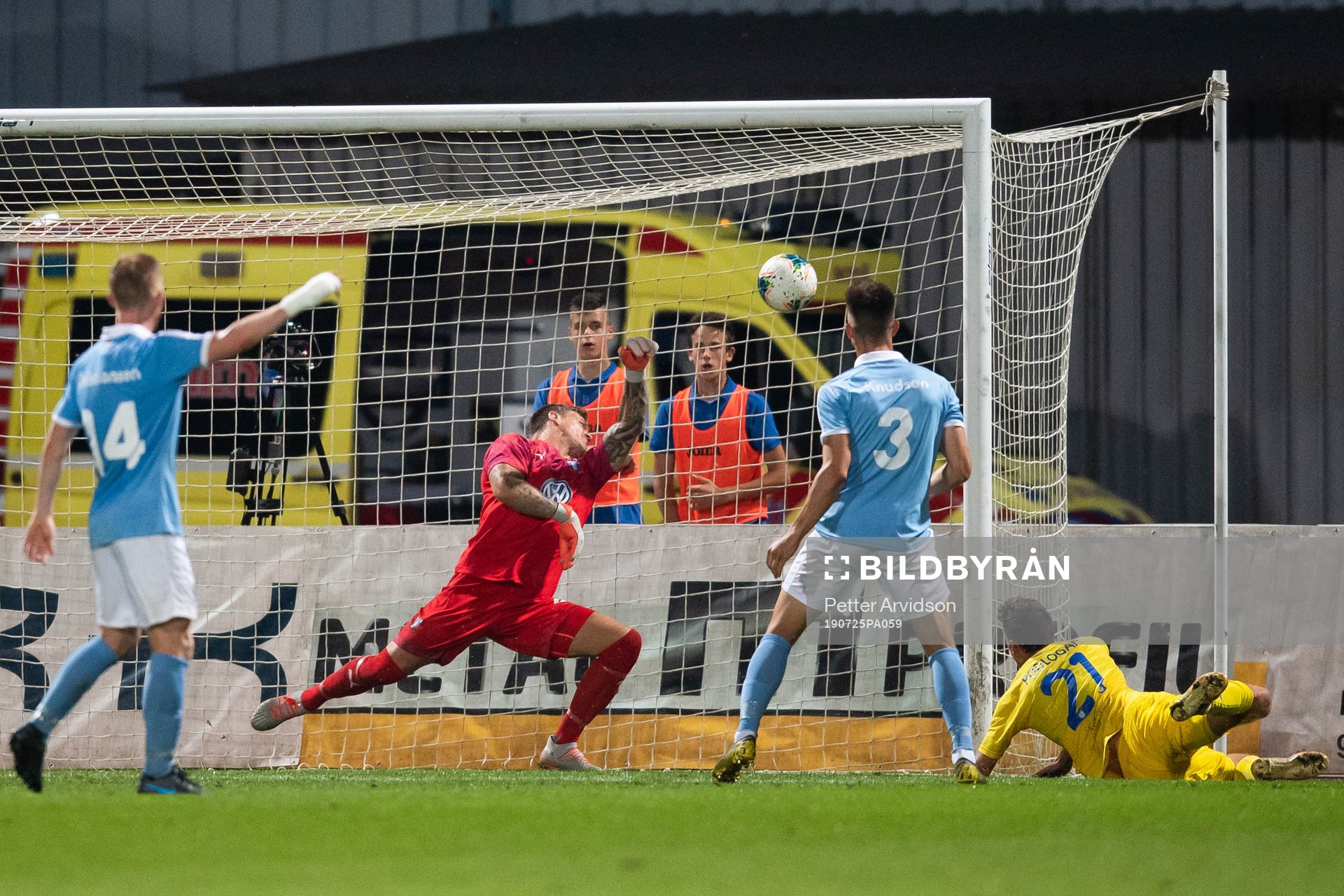 goalkeeper Johan Dahlin of Malmö FF saves an attempt from
