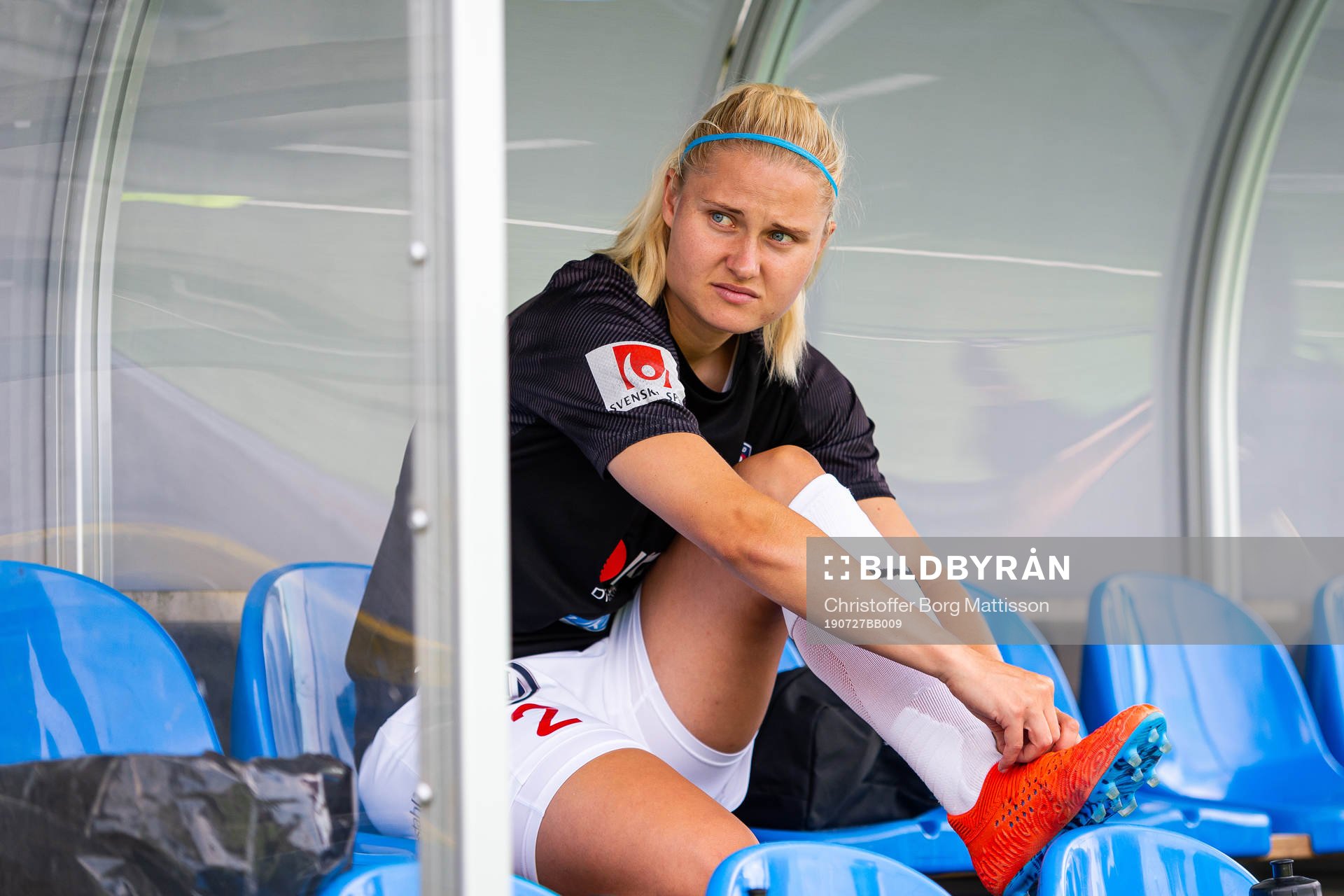 Rosengårds Mie Leth Jans under uppvärmningen inför fotbollsmatchen i Damallsvenskan mellan FC Rosengård och Kungsbacka den 27 juli 2019 i Malmö.