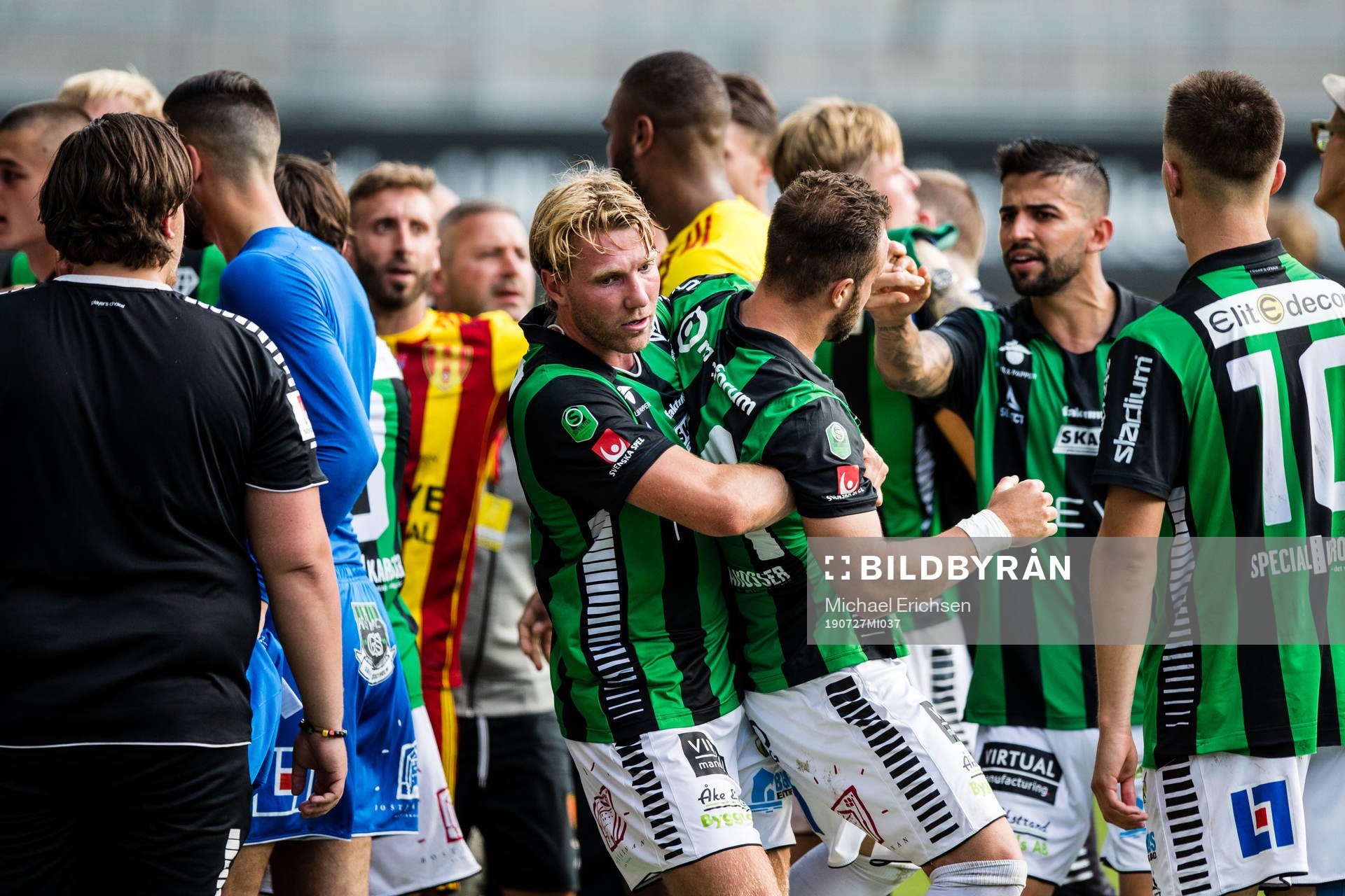 GAIS spelare och Syrianska spelare i dispyt efter fotbollsmatchen i Superettan mellan GAIS och Syrianska den 27 juli 2019 i Göteborg.