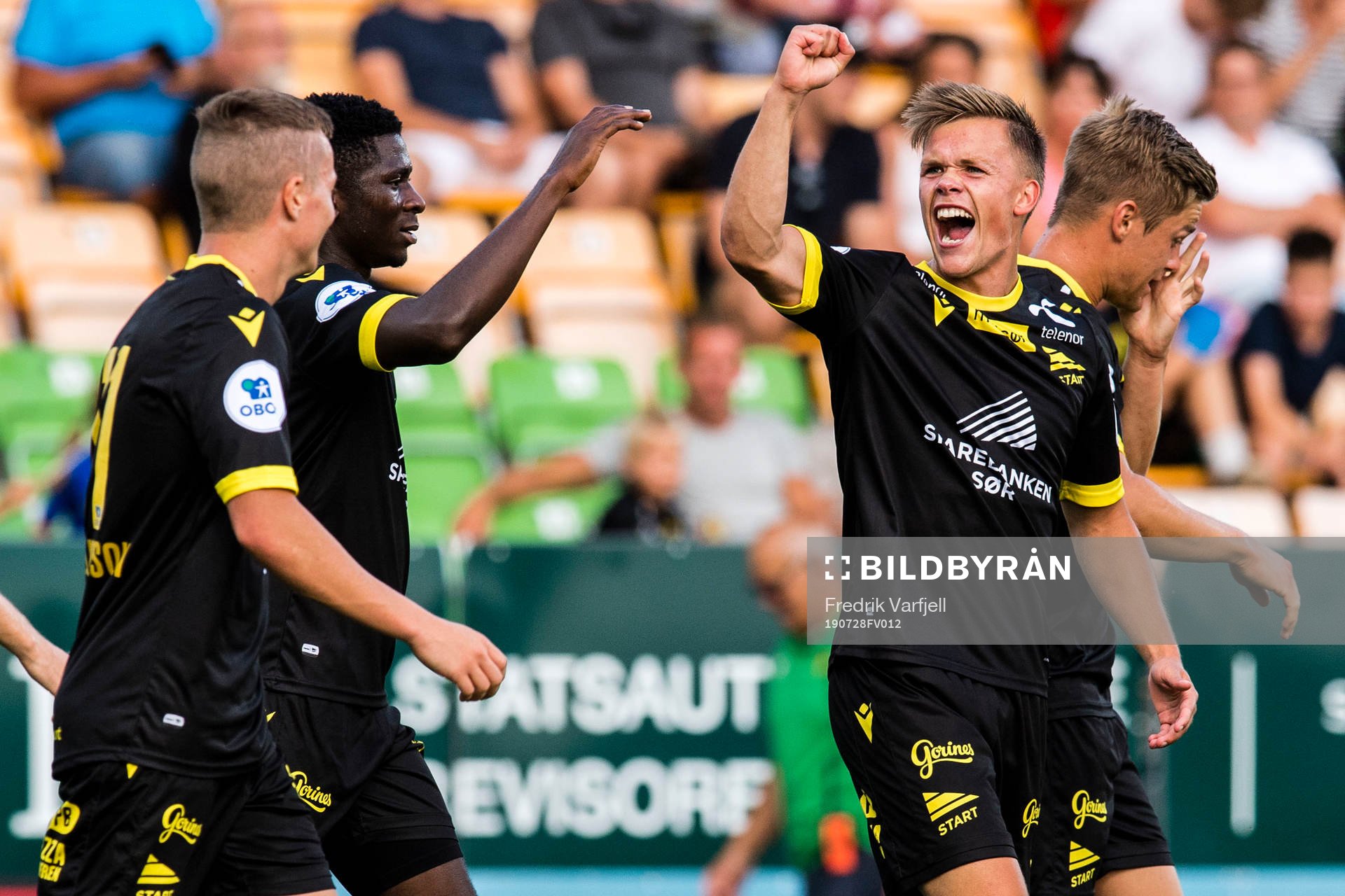 Eirik Wichne of Start celebrates 0-1 during the OBOS-ligaen match between Ull/Kisa and Start on July 28, 2019 in Jessheim. 