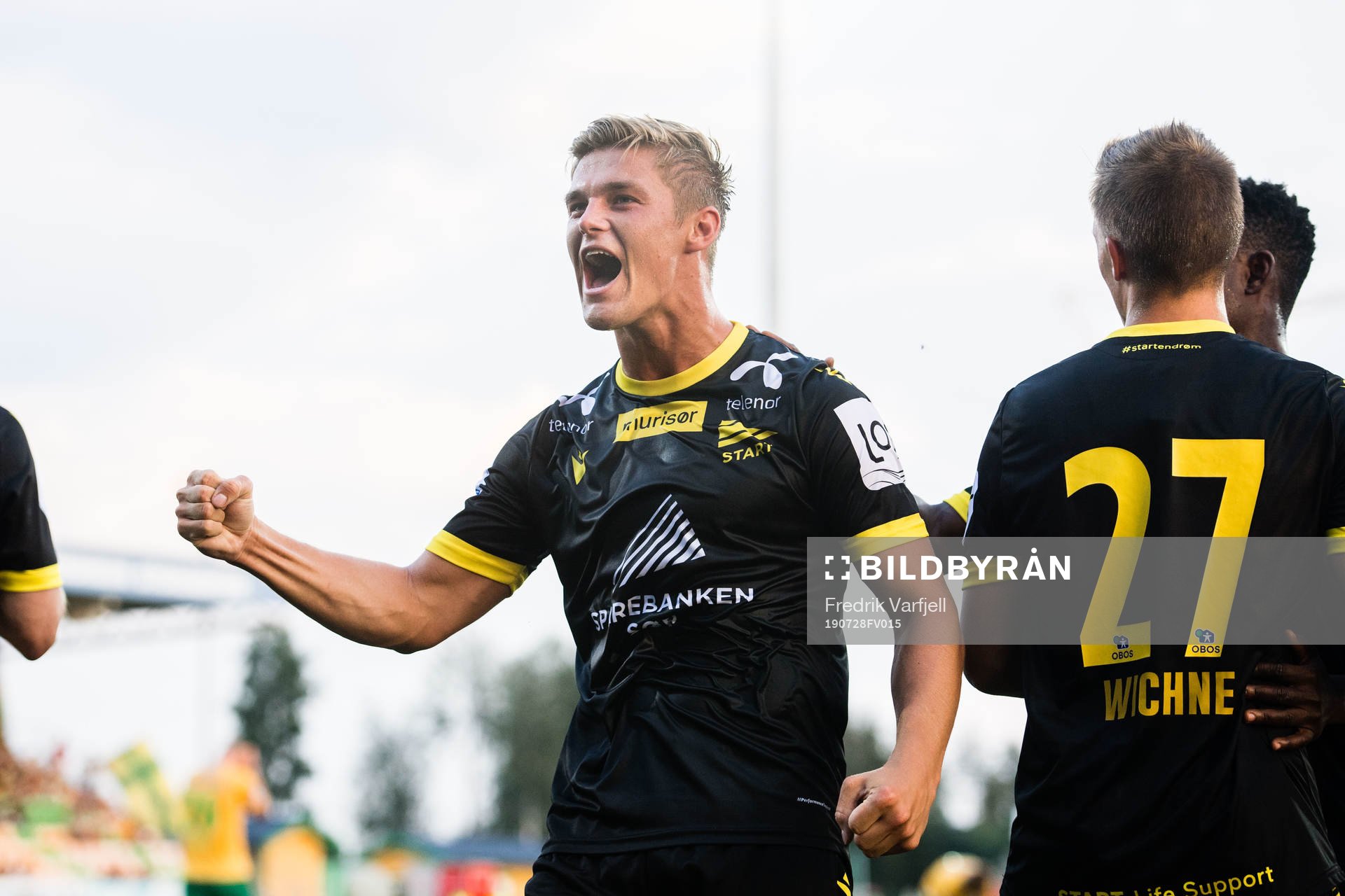 Mathias Idsøe Bringaker of Start celebrates 0-2 during the OBOS-ligaen match between Ull/Kisa and Start on July 28, 2019 in Jessheim.