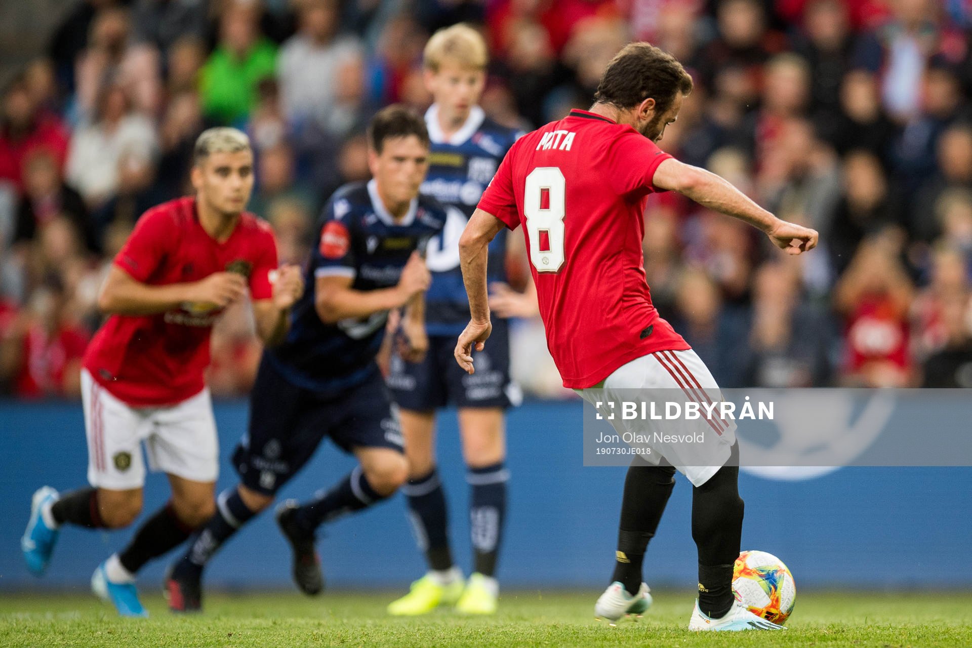 Juan Mata of Manchester United scores the 0-1 goal on a penalty kick during the friendly match between Kristiansund and Manchester United on July 30, 2019 in Oslo.