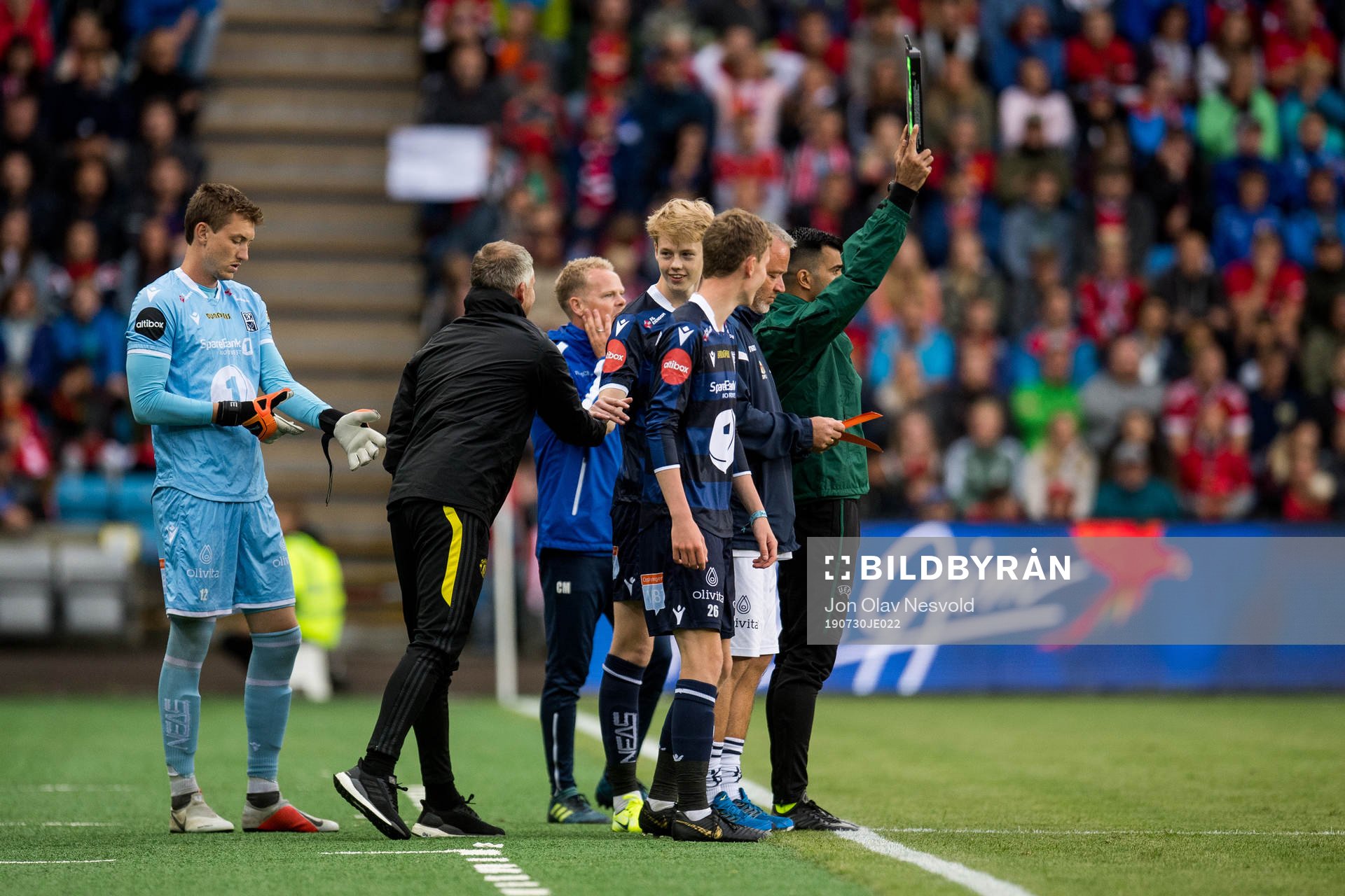 Ole Gunnar Solskjær, manager of Manchester United, greets his son Noah Solskjær of Kristiansund during the friendly match between Kristiansund and Manchester United on July 30, 2019 in Oslo.