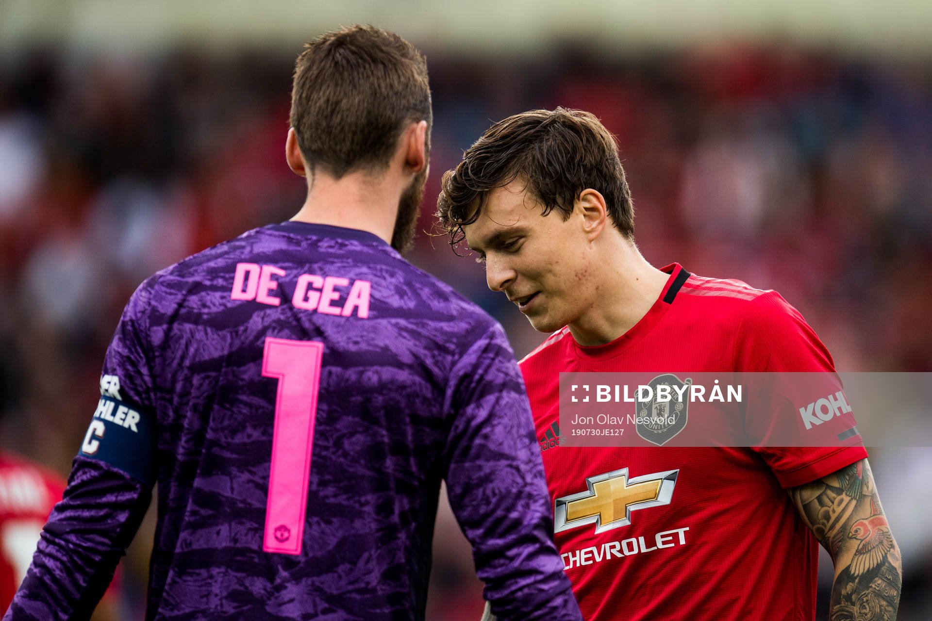 Goalkeeper David de Gea and Victor Lindelöf of Manchester United during the friendly match between Kristiansund and Manchester United on July 30, 2019 in Oslo.