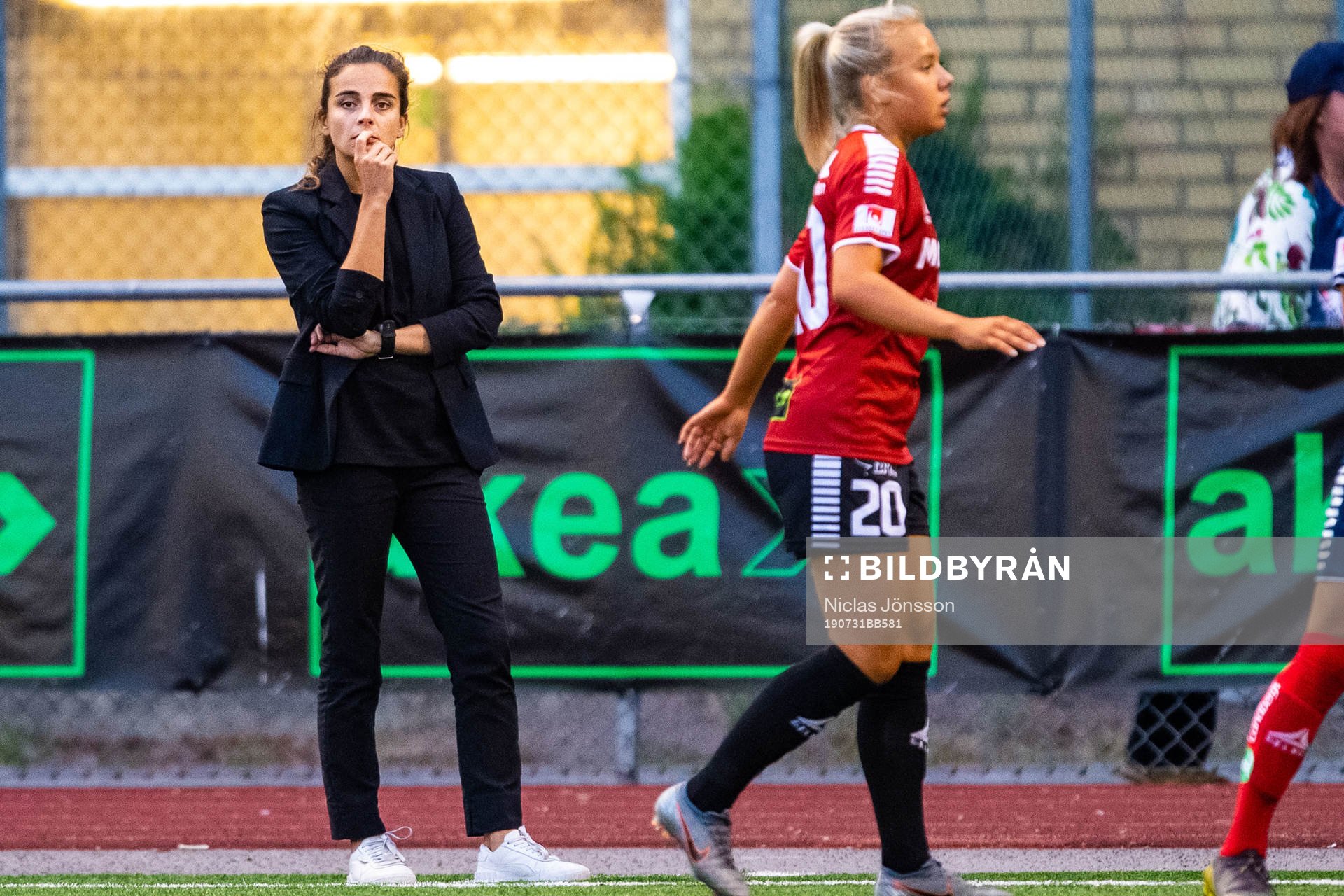 Limhamn Bunkeflos tränare Renée Slegers under fotbollsmatchen i Damallsvenskan mellan Limhamn Bunkeflo och Linköping den 31 juli 2019 i Malmö.
